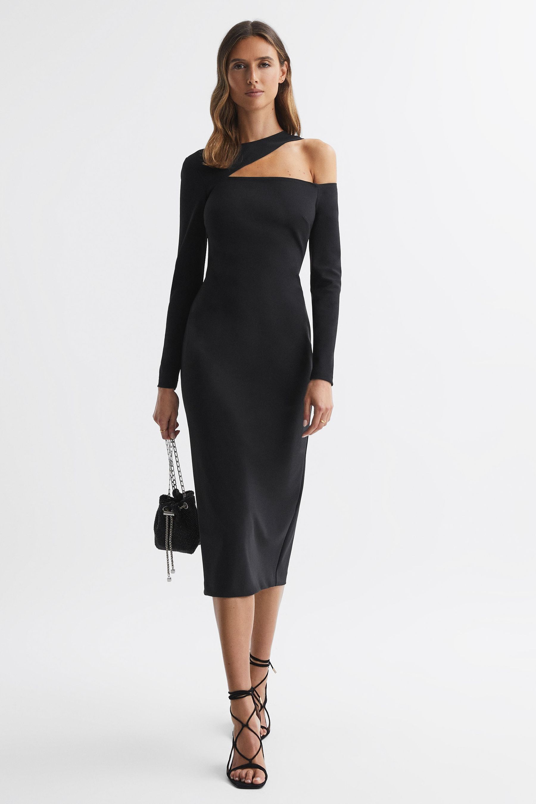 Reiss Tiffany - Black Bodycon Off-the-shoulder Midi Dress, Us 10
