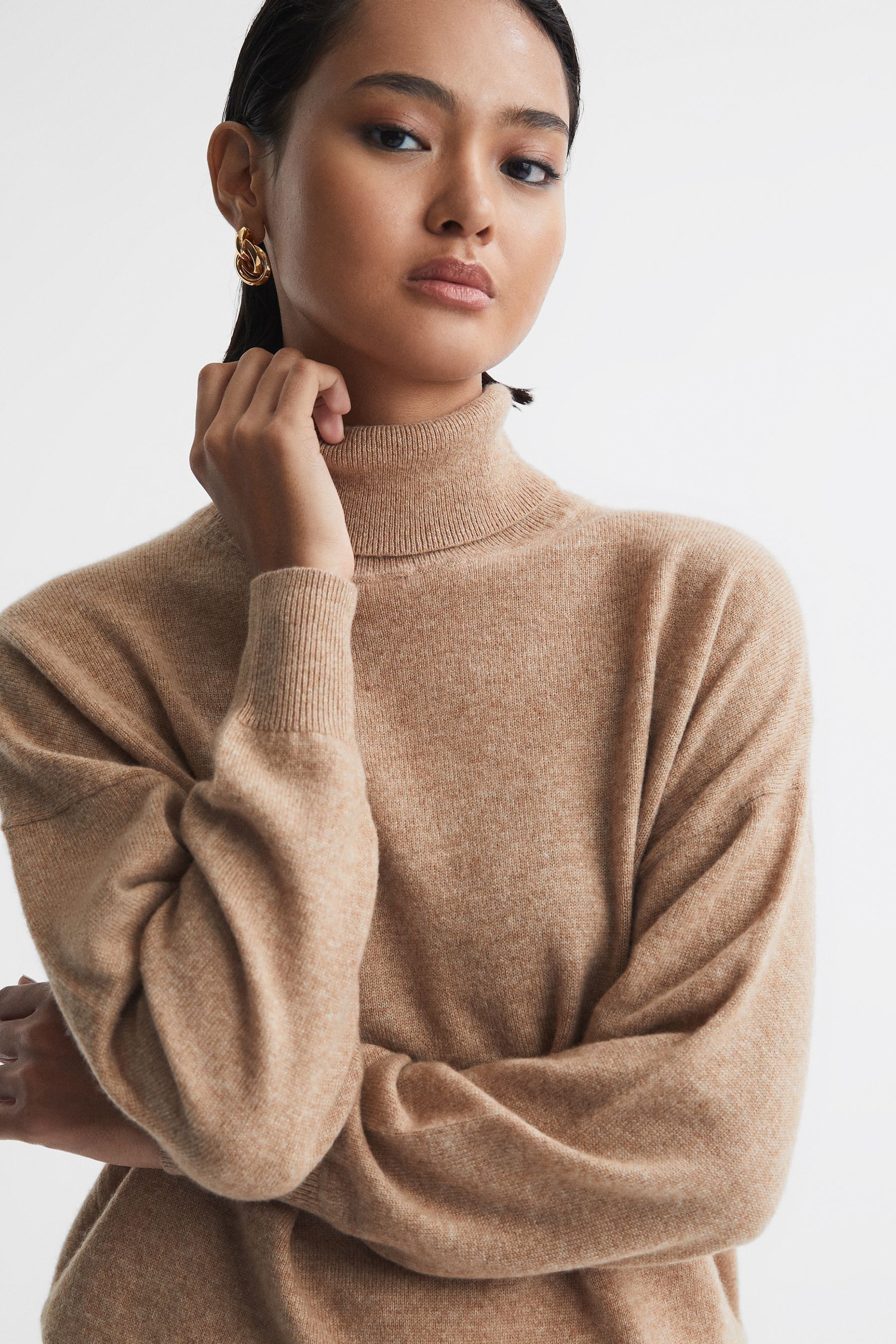Reiss Camel Mabel Fitted Cashmere Roll Neck Top
