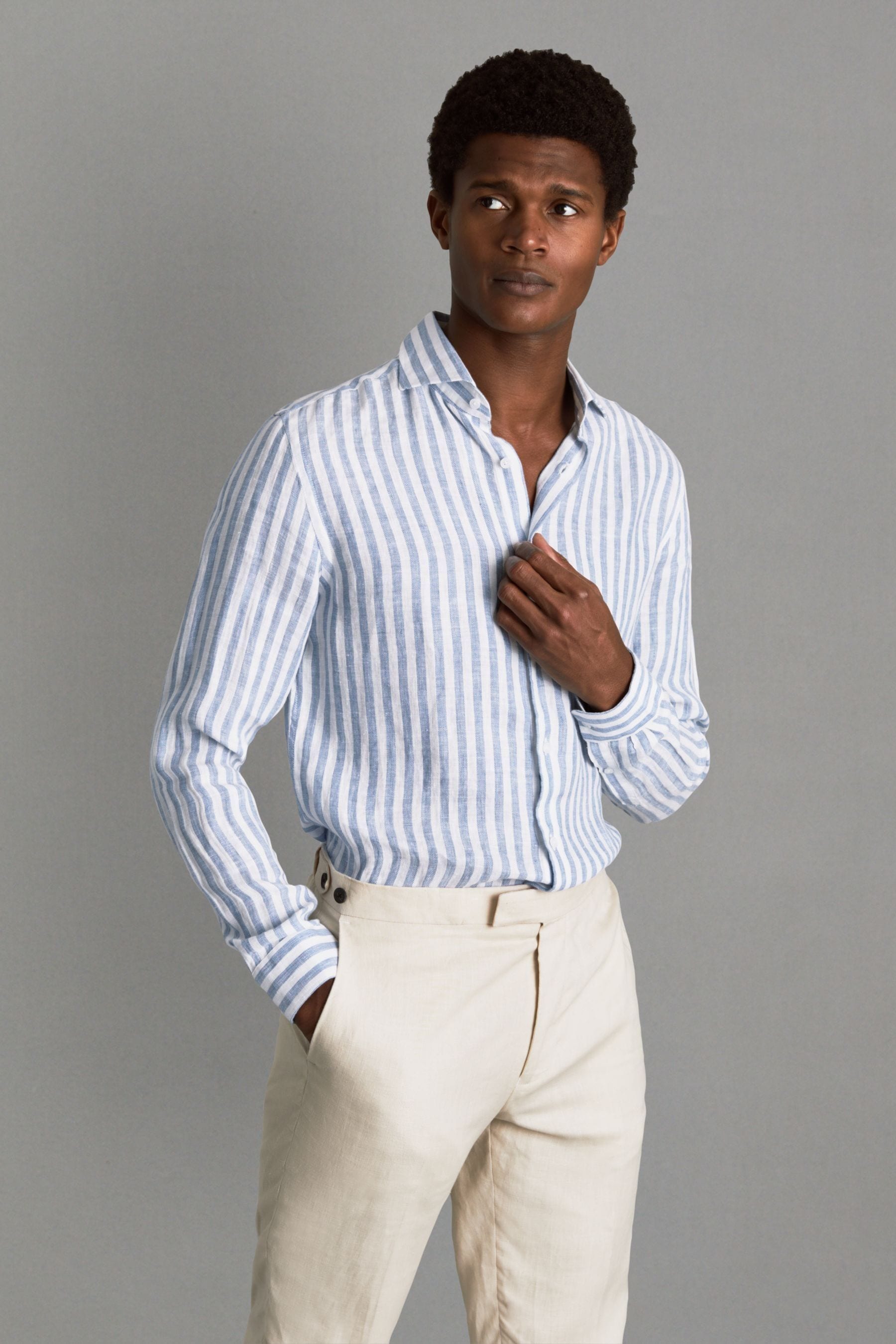 Shop Reiss Ruban - Soft Blue Herringbone Stripe Linen Button-through Shirt, M