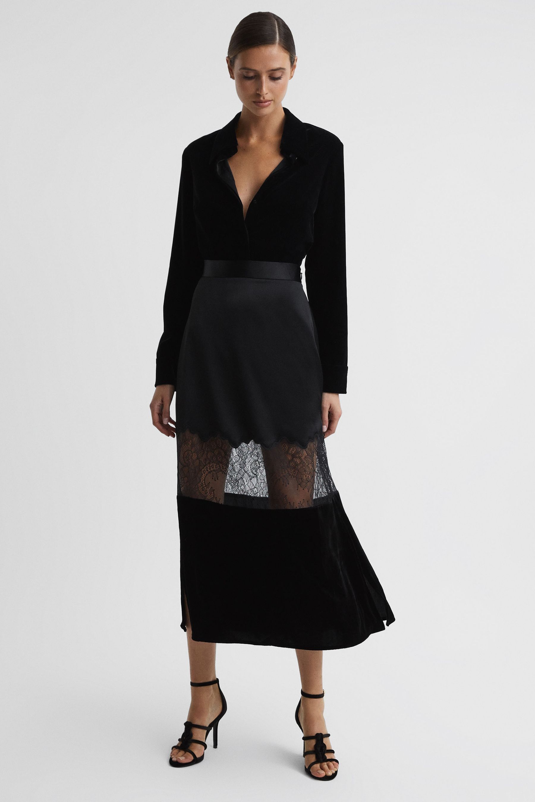 Reiss Tilly - Black Fitted Silk-velvet Midi Skirt, Us 4
