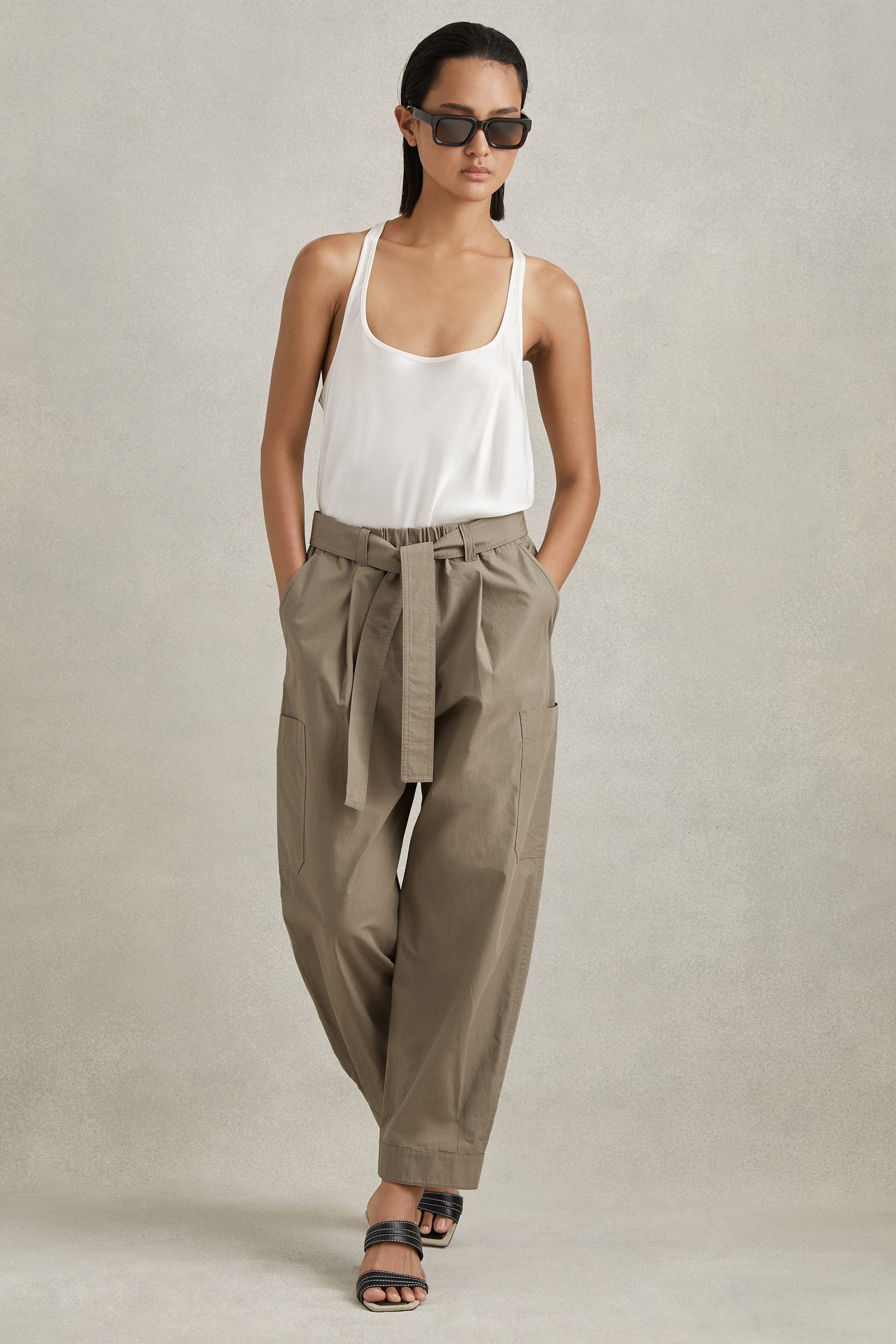 Reiss Khaki Delia Cotton Tapered Parachute Trousers In Khaki