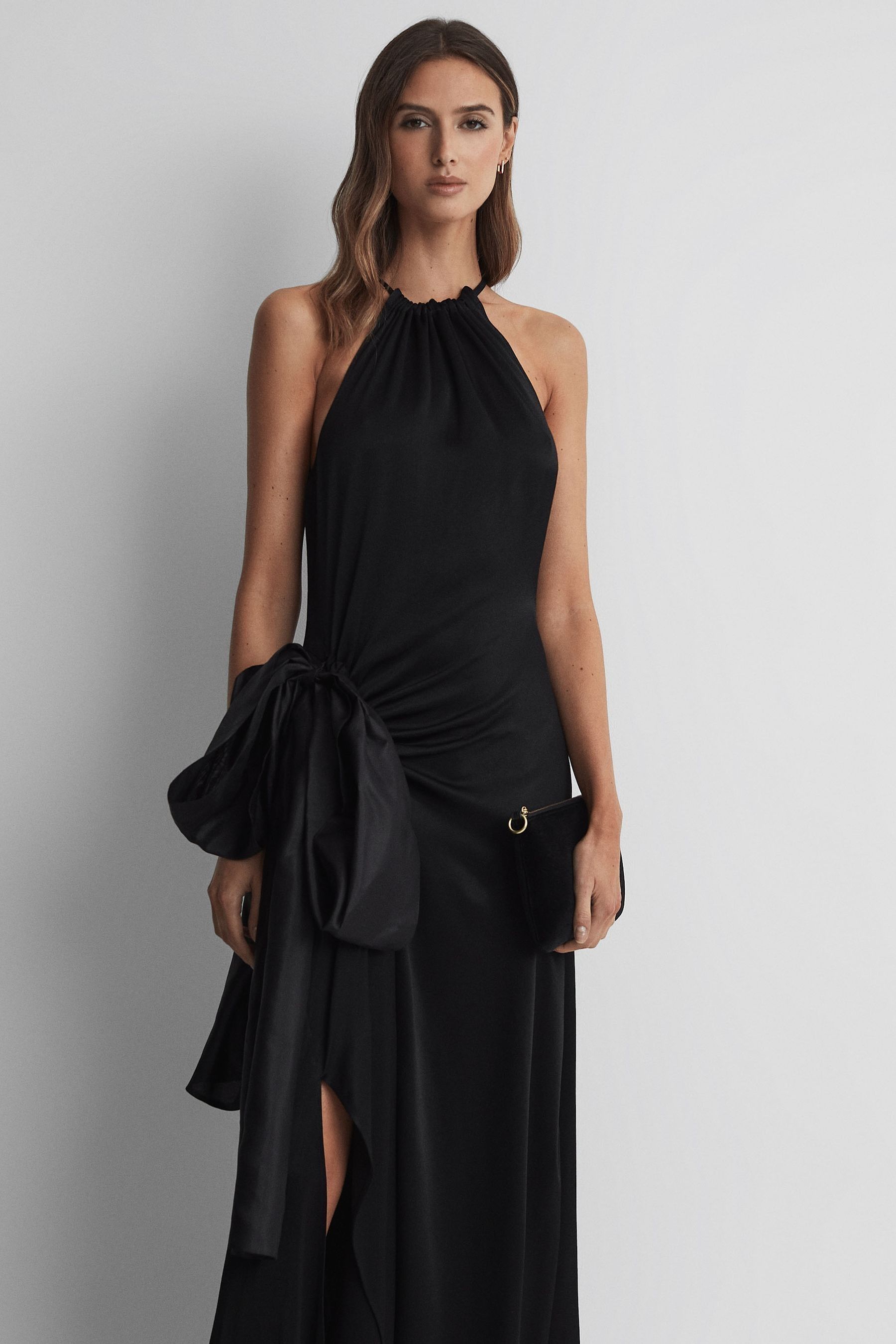 Reiss Black Satin Bow Halterneck Maxi Dress, 8