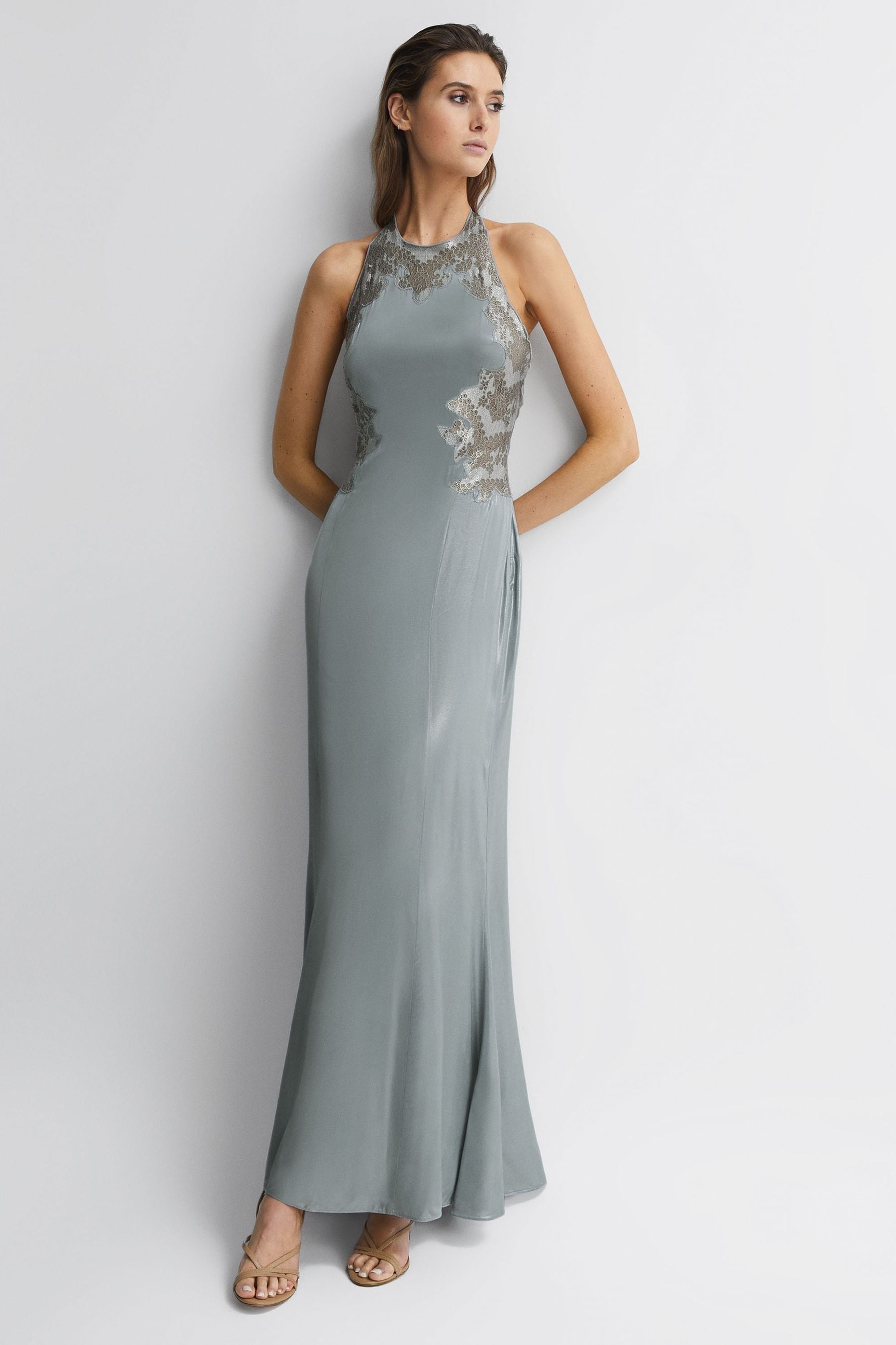 Reiss Silver Fitted Lace Halter Neck Maxi Dress, 12