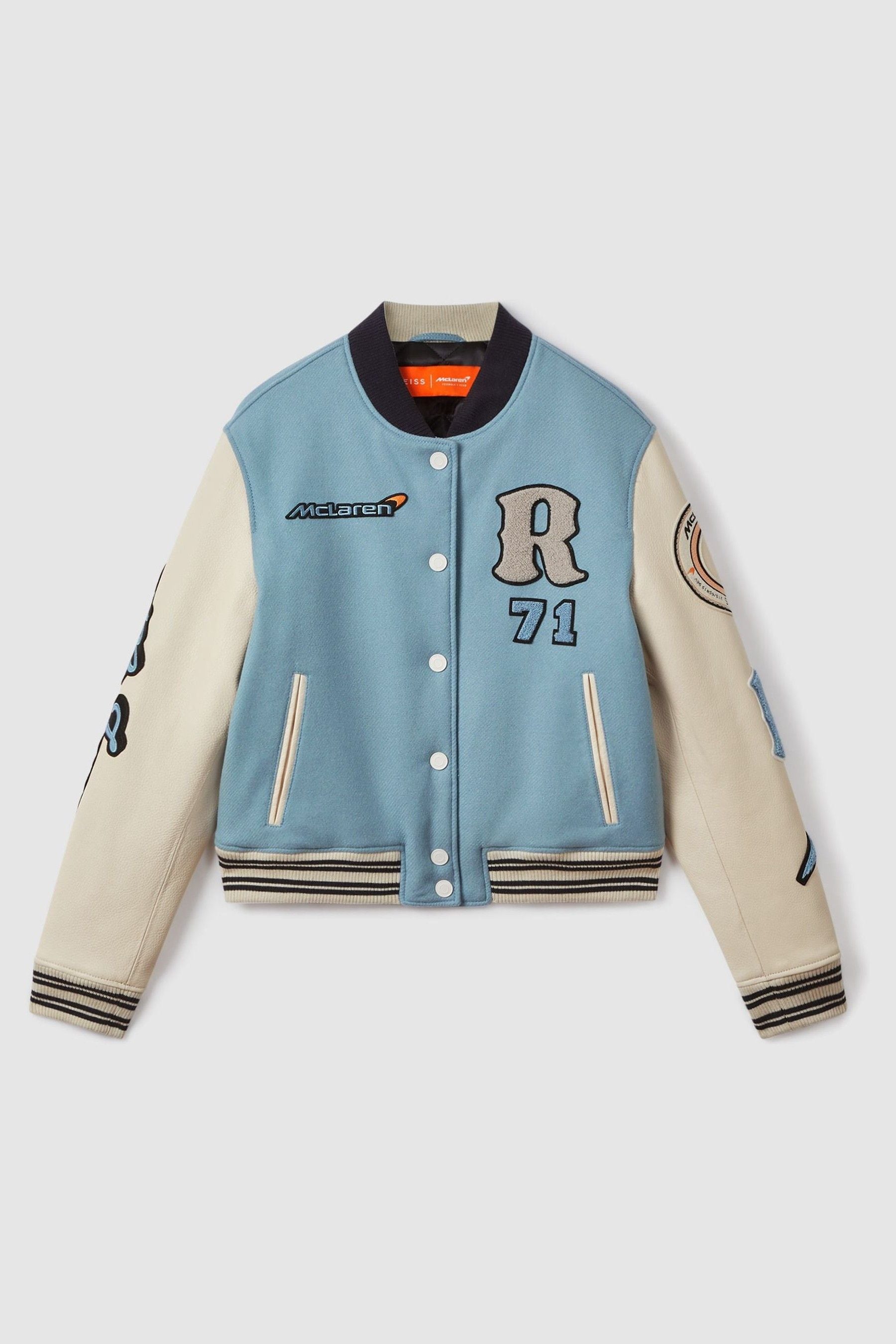 Reiss X Mclaren F1 Team Leather Jacket, Soft Blue &Amp; Ecru ,Size: 8, Blue &Amp; Beige