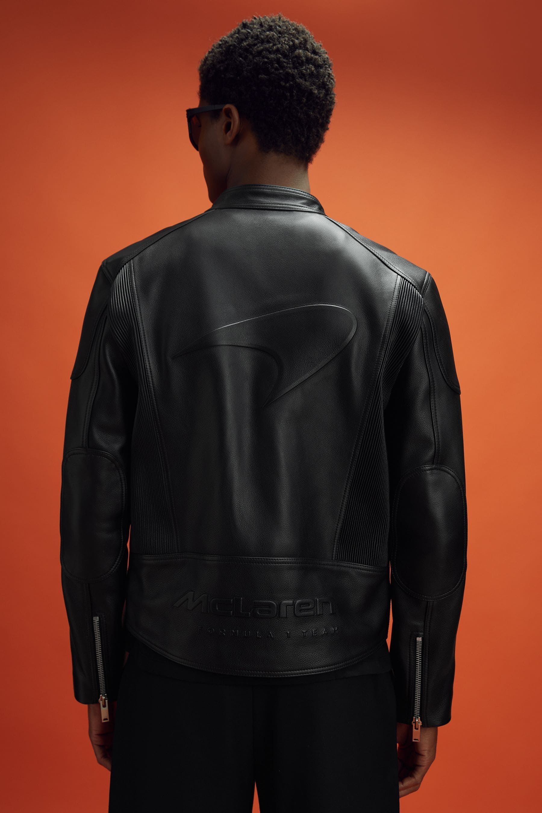 Shop Mclaren Piston -  F1 Embossed Leather Jacket, M In Black