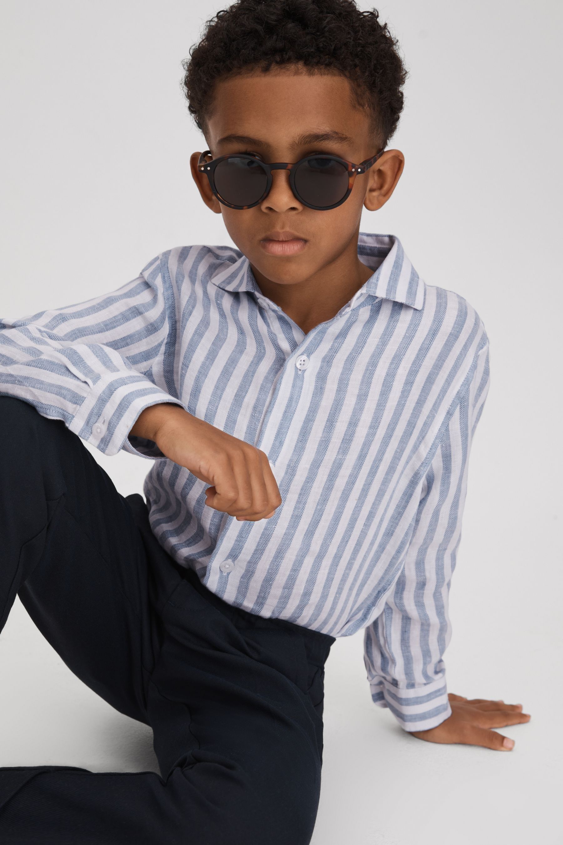 Reiss Kids' Ruban - Soft Blue Herringbone Stripe Linen Button Through Striped Shirt, Uk 11-12 Yrs