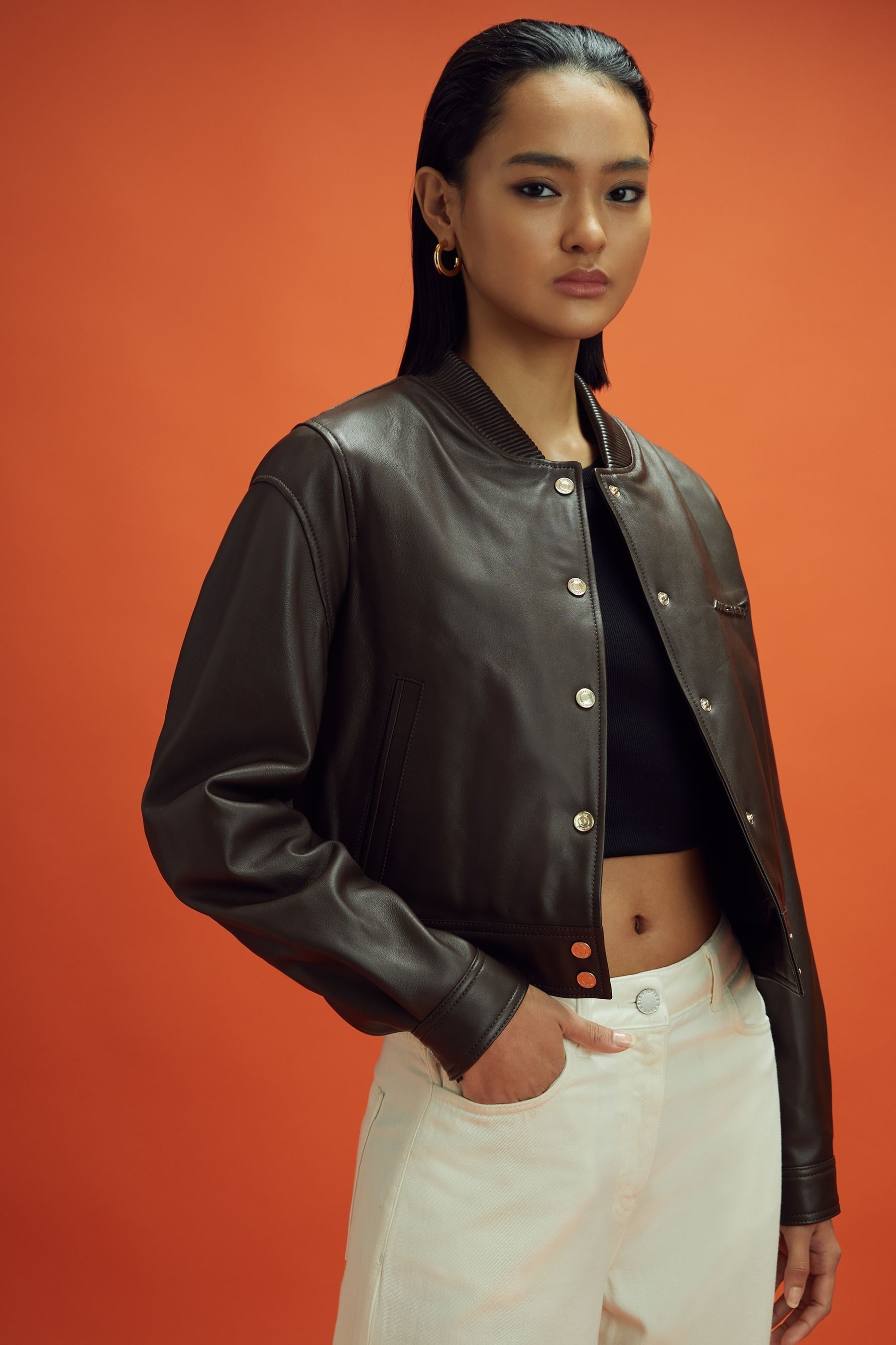 Reiss X McLaren F1 Team Chocolate Cropped Leather Bomber Jacket, 16