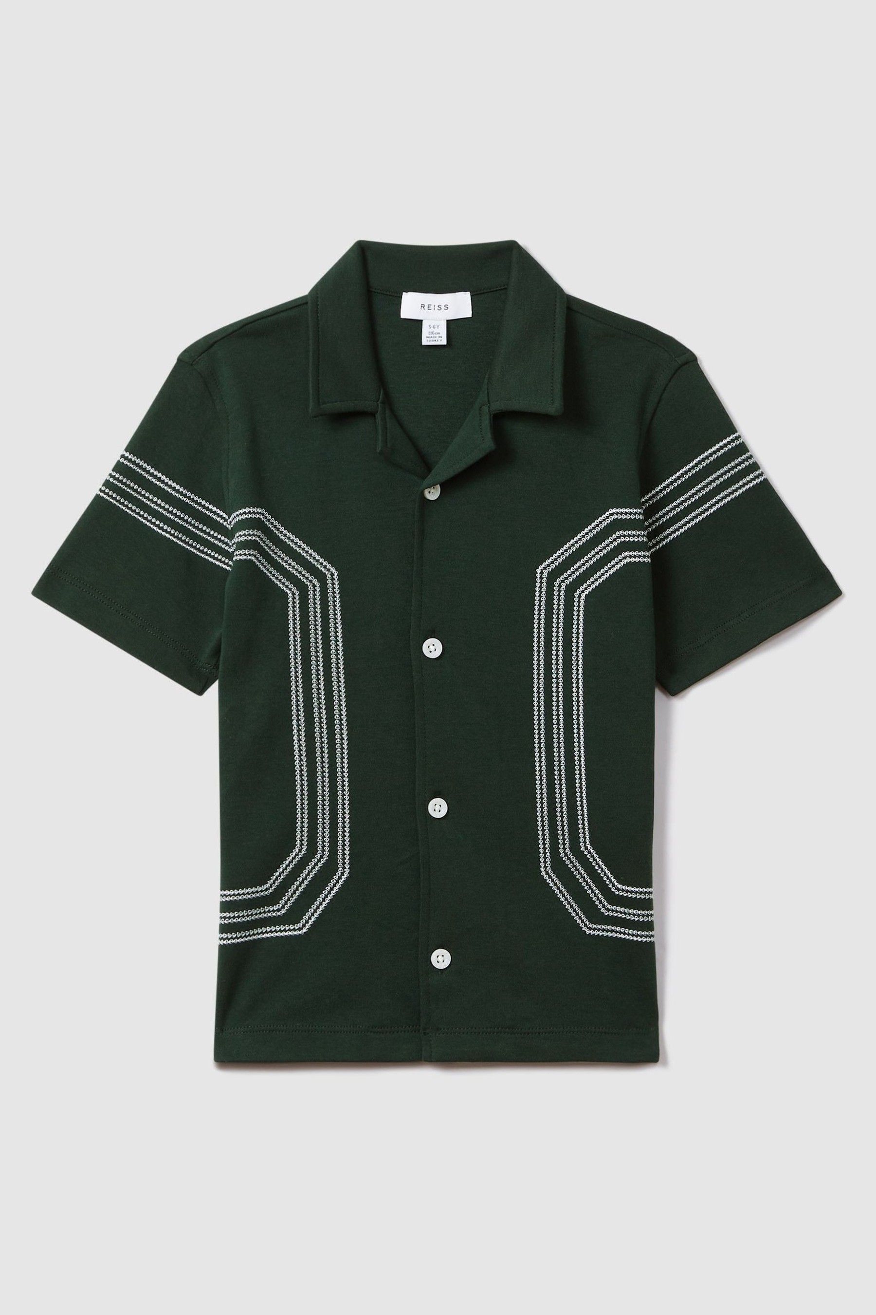 Reiss Arlington - Green Teen Cotton Embroidered Cuban Collar Shirt, Uk 13-14 Yrs