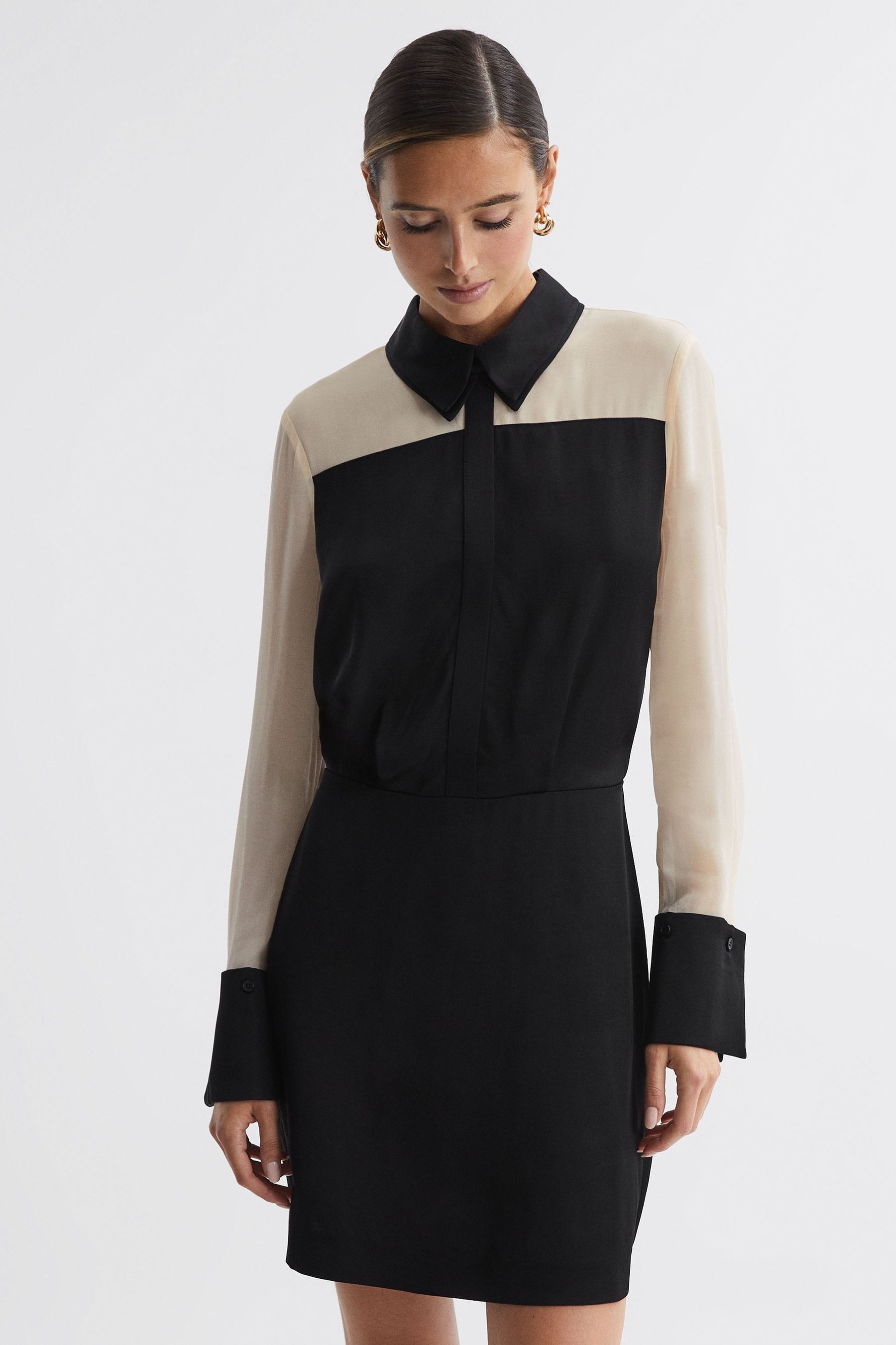 Reiss Veneto Contrast Block-panel Woven Mini Dress In Black