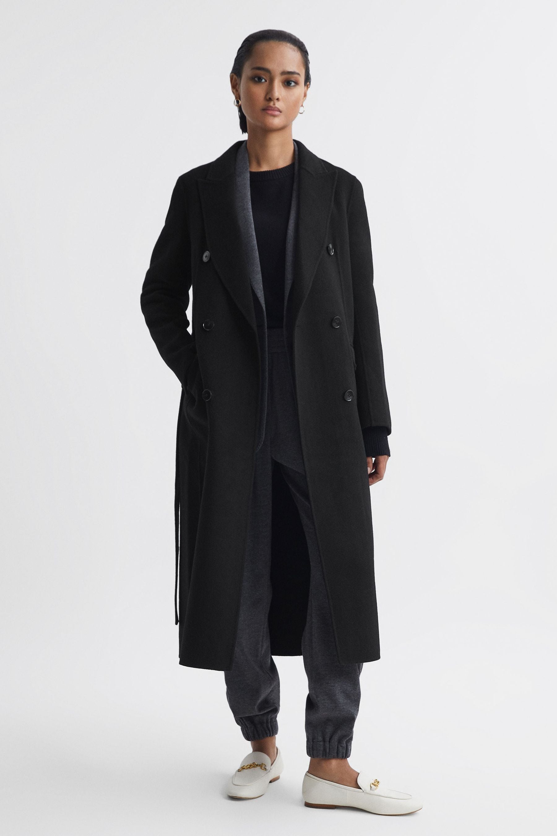 Shop Reiss Arla - Black Relaxed Wool Blend Blindseam Belted Coat, Us 2