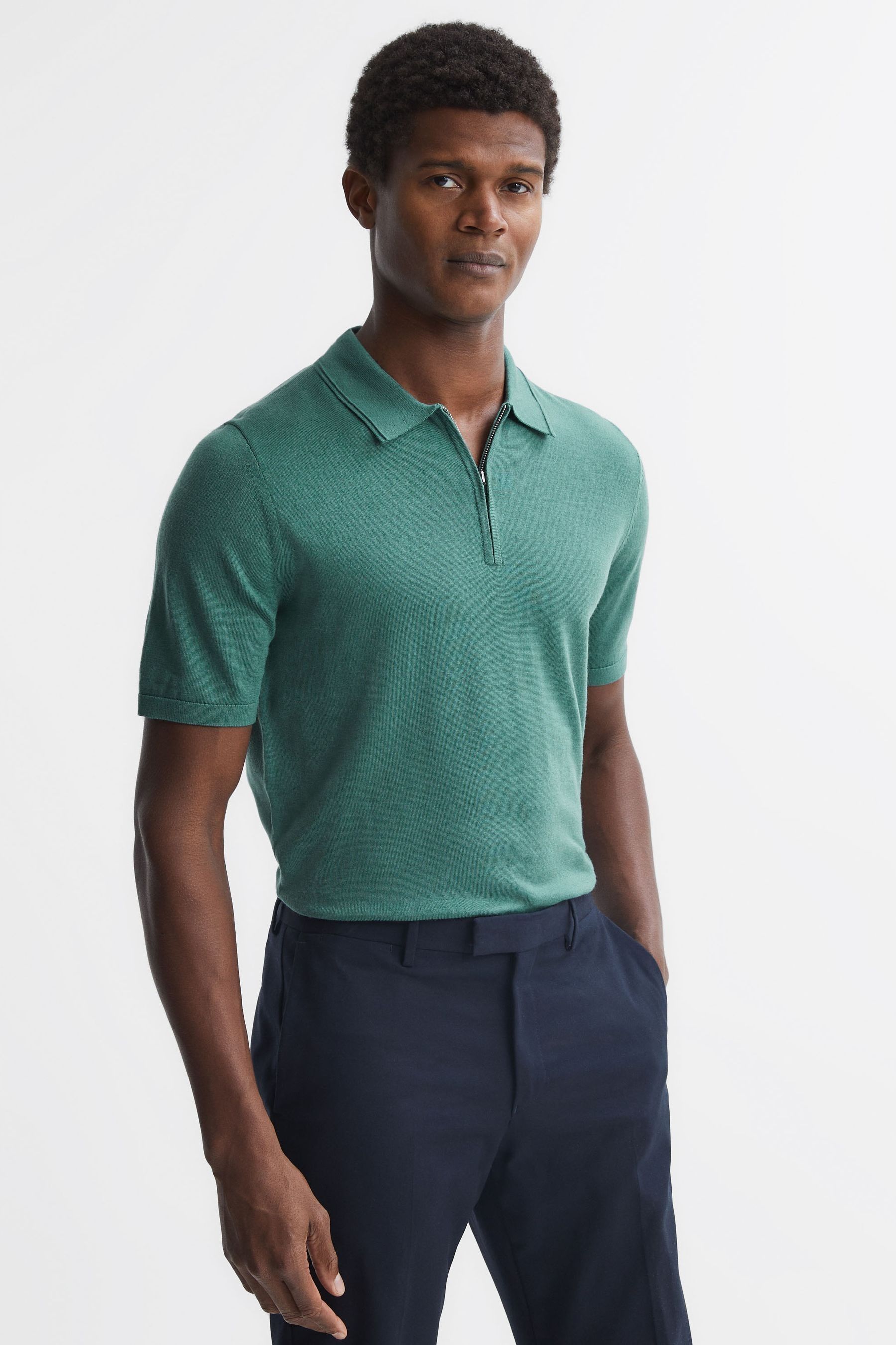 Maxwell - Pine Green Merino Wool Half-Zip Polo Shirt