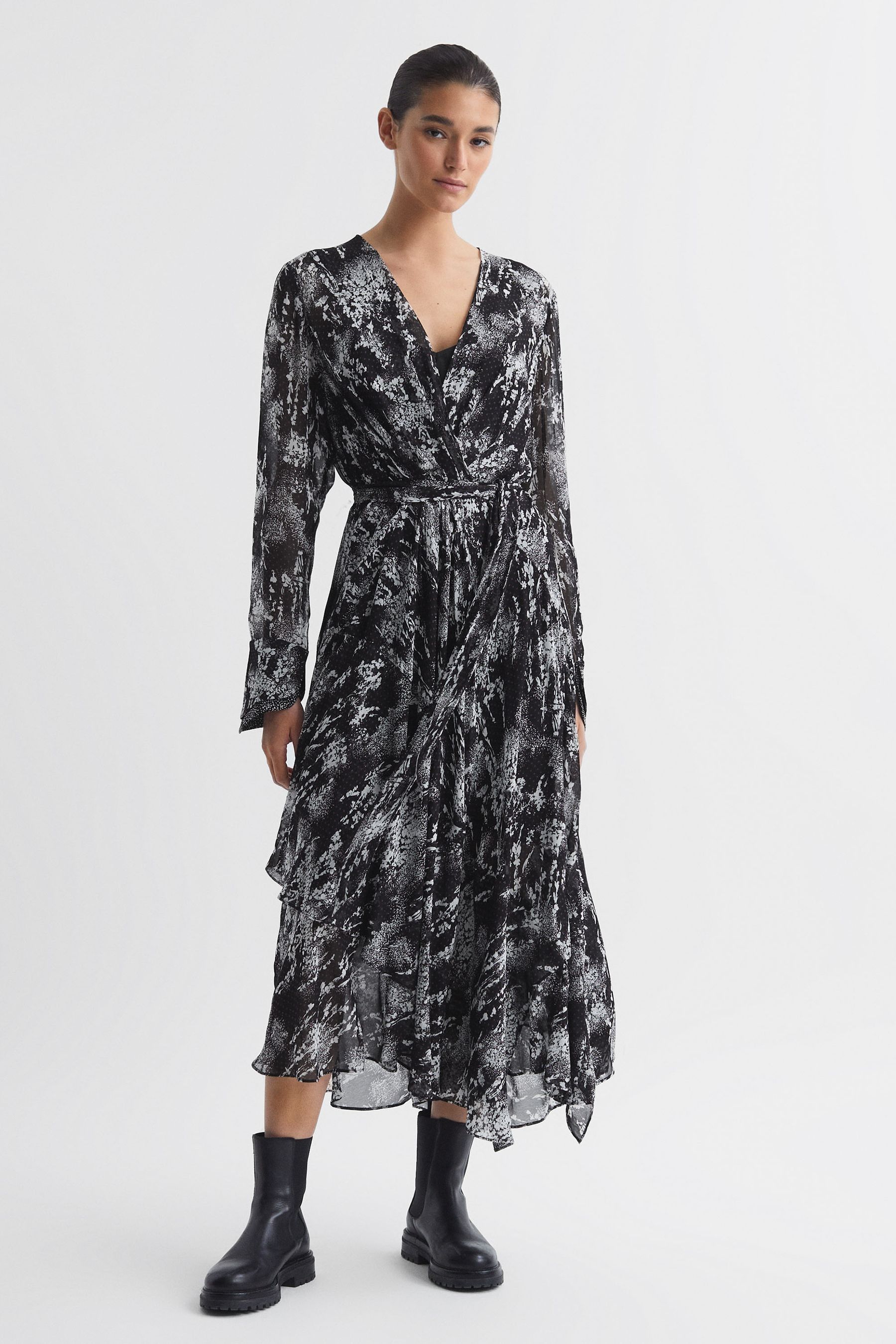 Shop Reiss Callie - Black Belted Ruffle Printed Midi Dress, Us 12