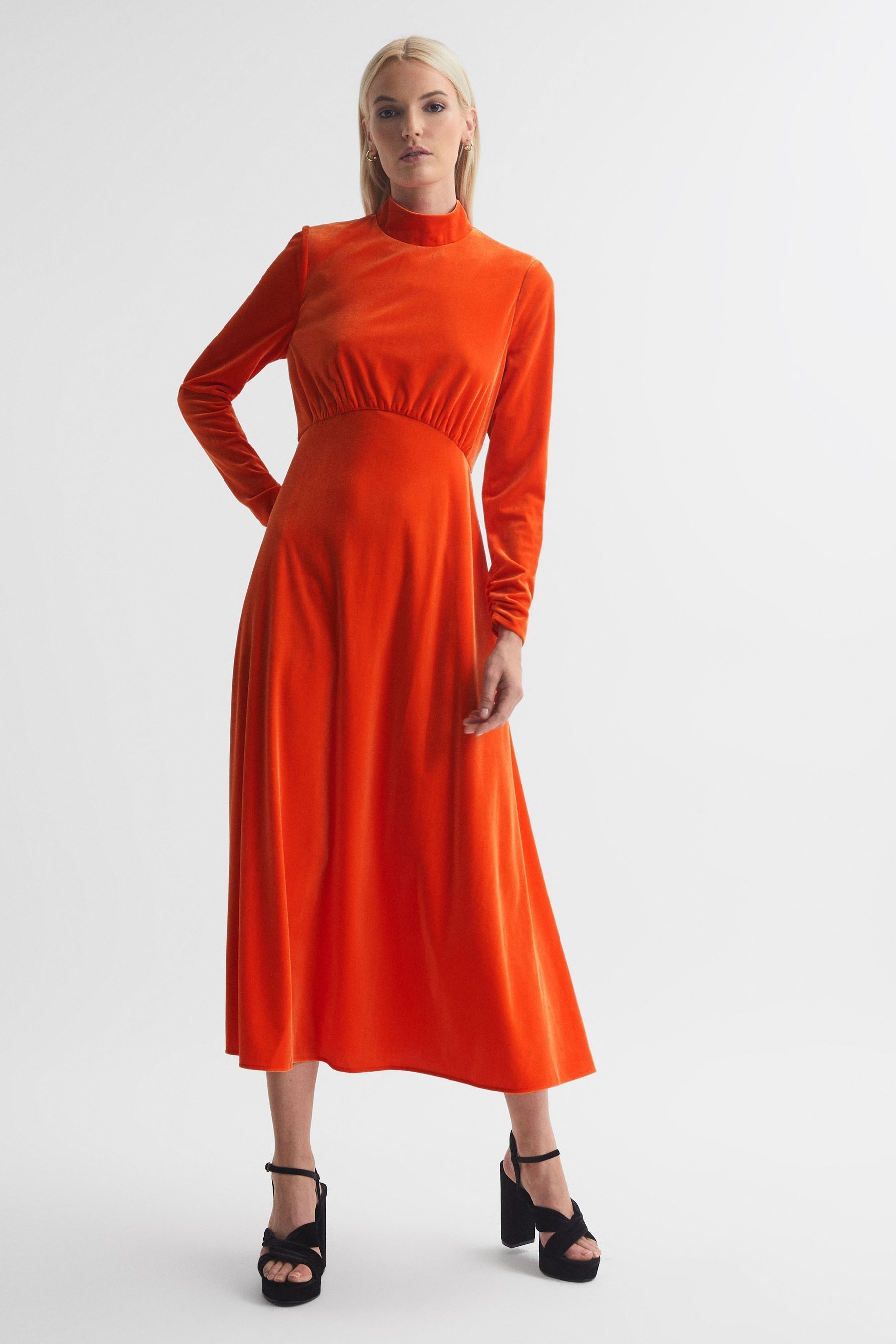 Florere Velvet Midi Dress In Bright Orange