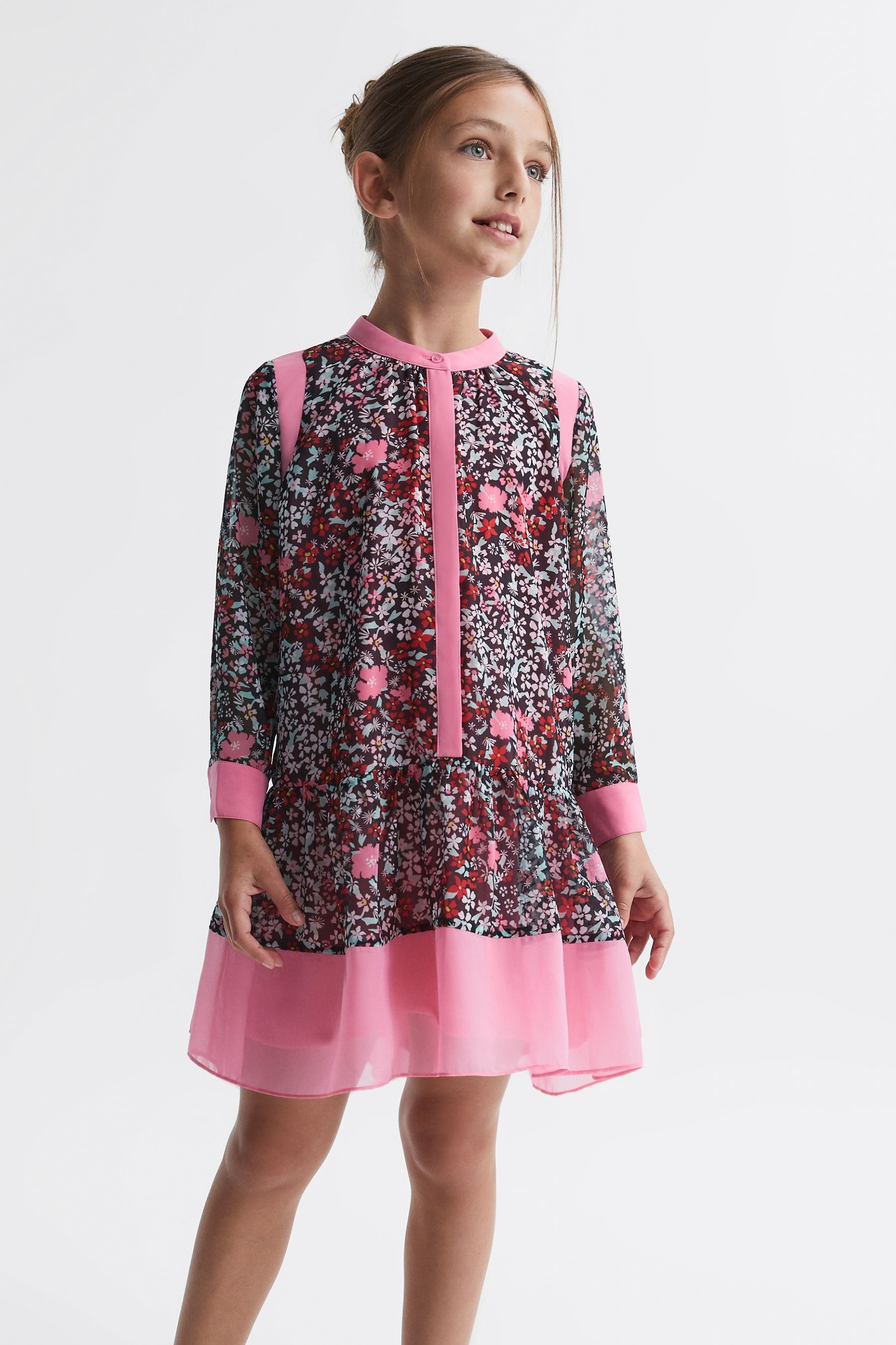 Reiss Kids' Camilla - Pink Junior Floral Print Contrast Dress, Age 8-9 Years