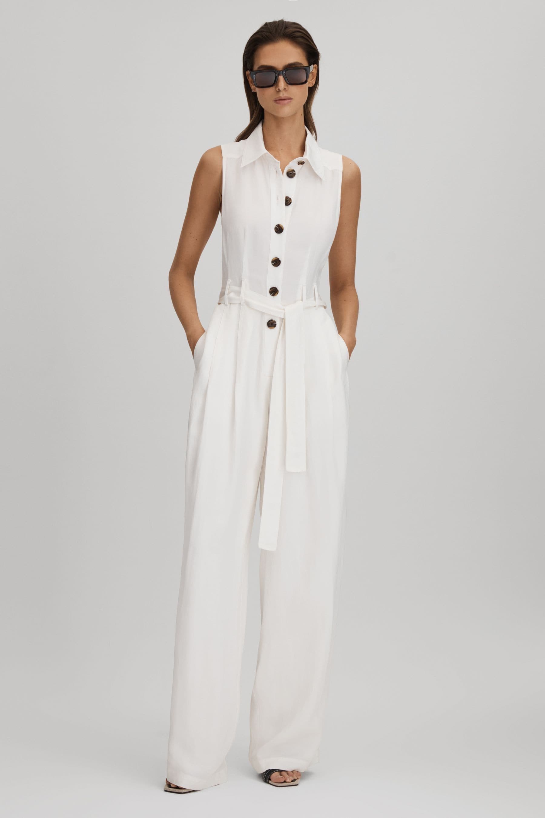 Reiss White Petite Belted Wide Leg Jumpsuit, 10