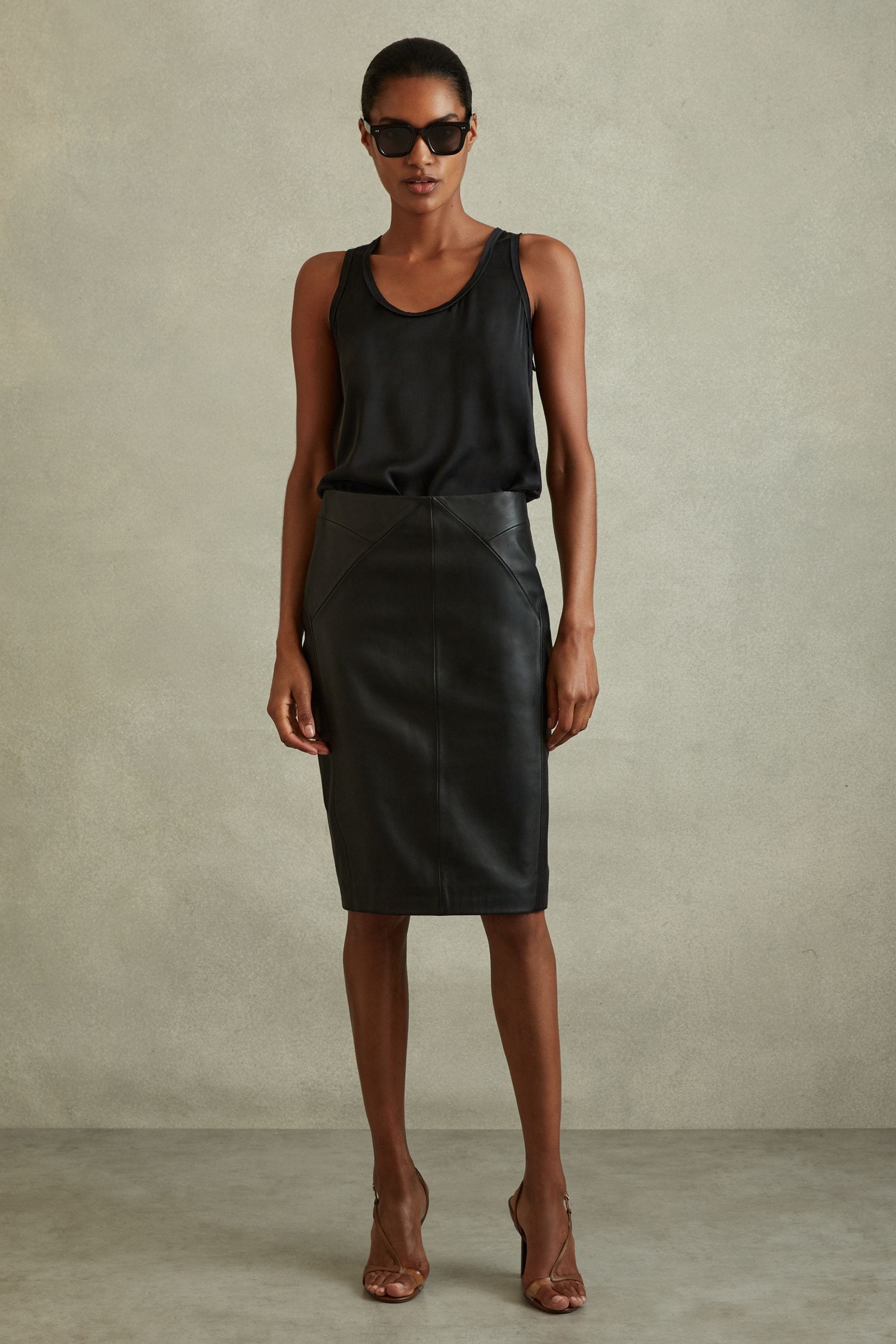 Raya - Black Leather High Rise Midi Skirt