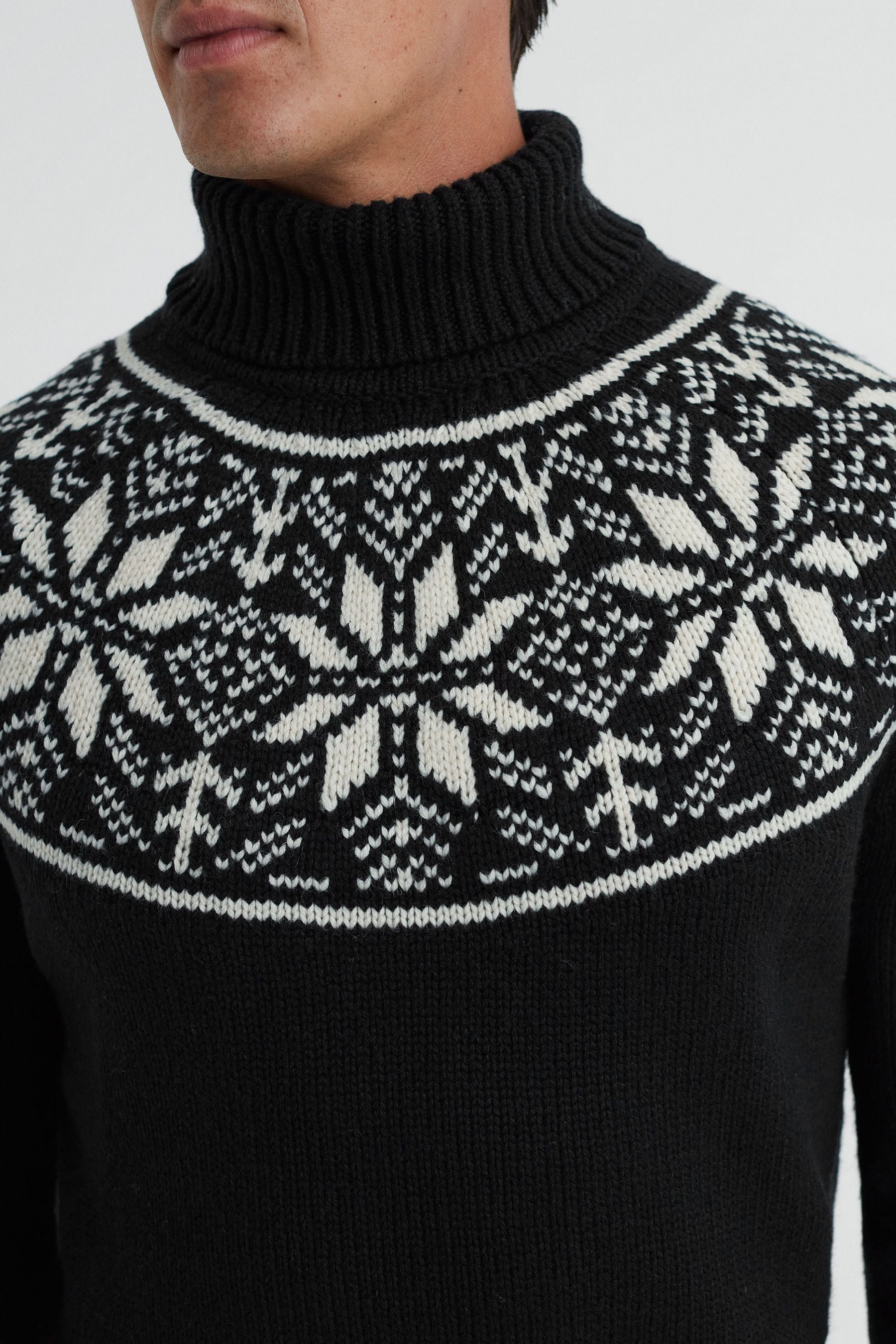 Reiss Abbotsford - Black Knitted Fair Isle Roll Neck Jumper, Xxl