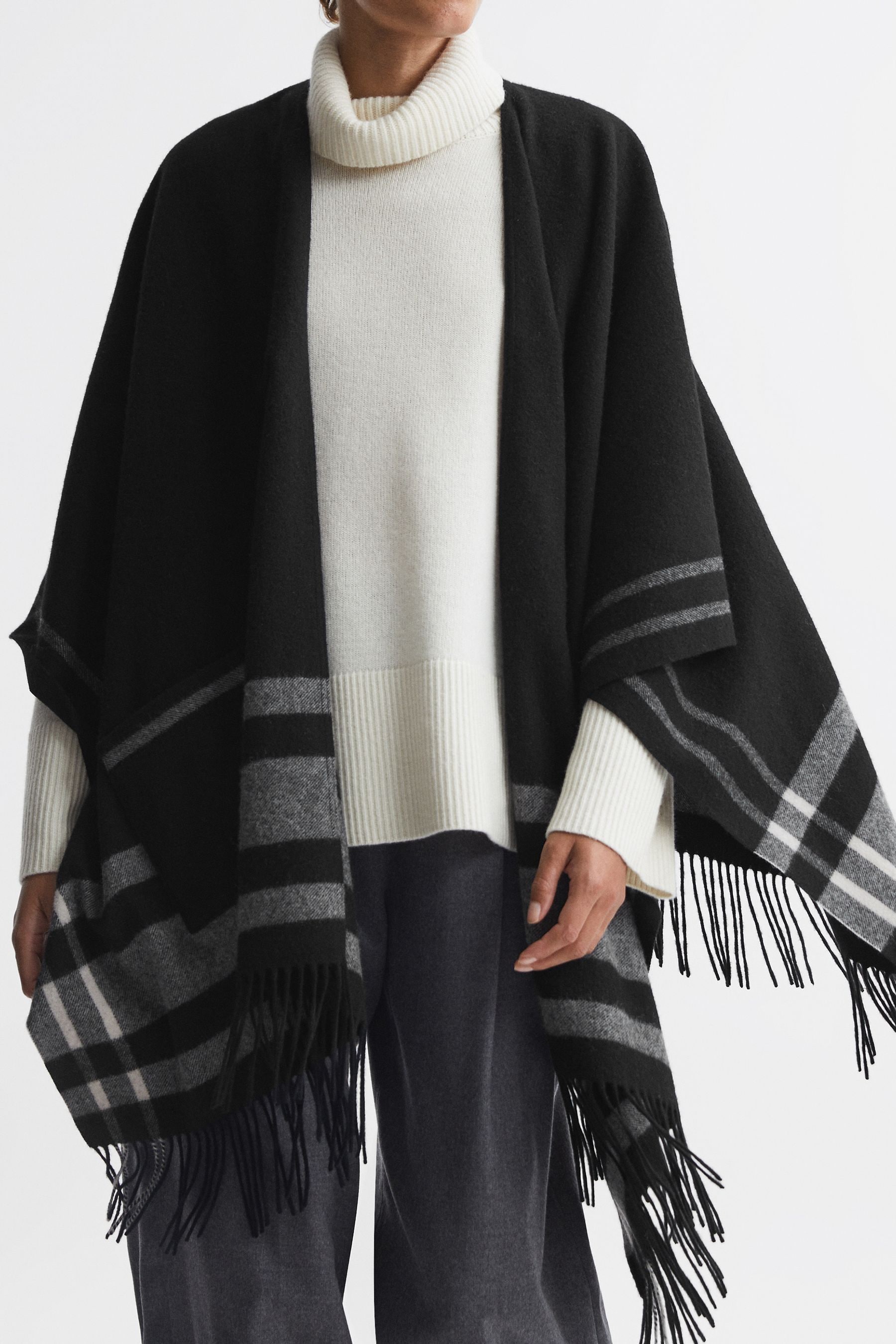 REISS CATALINA - BLACK WOOL STRIPED CAPE, ONE
