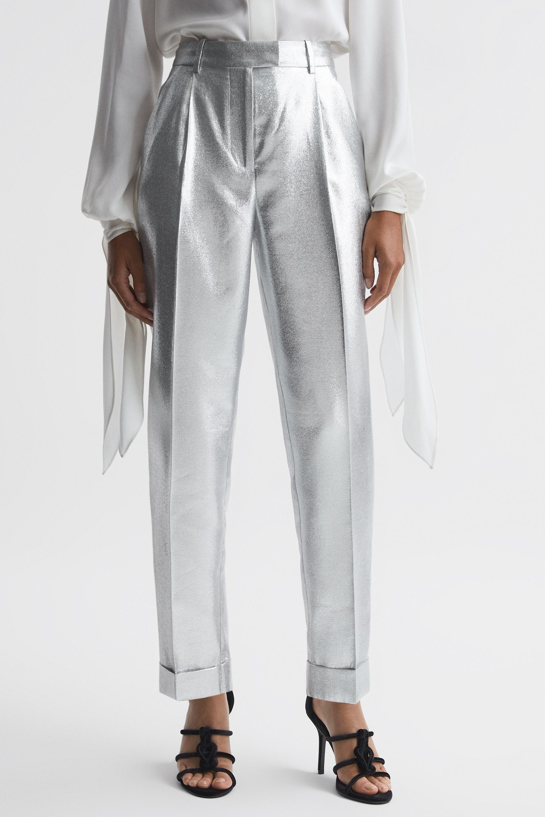 Reiss Sierra - Silver Tapered Metallic Trousers With Turn-ups, Us 10