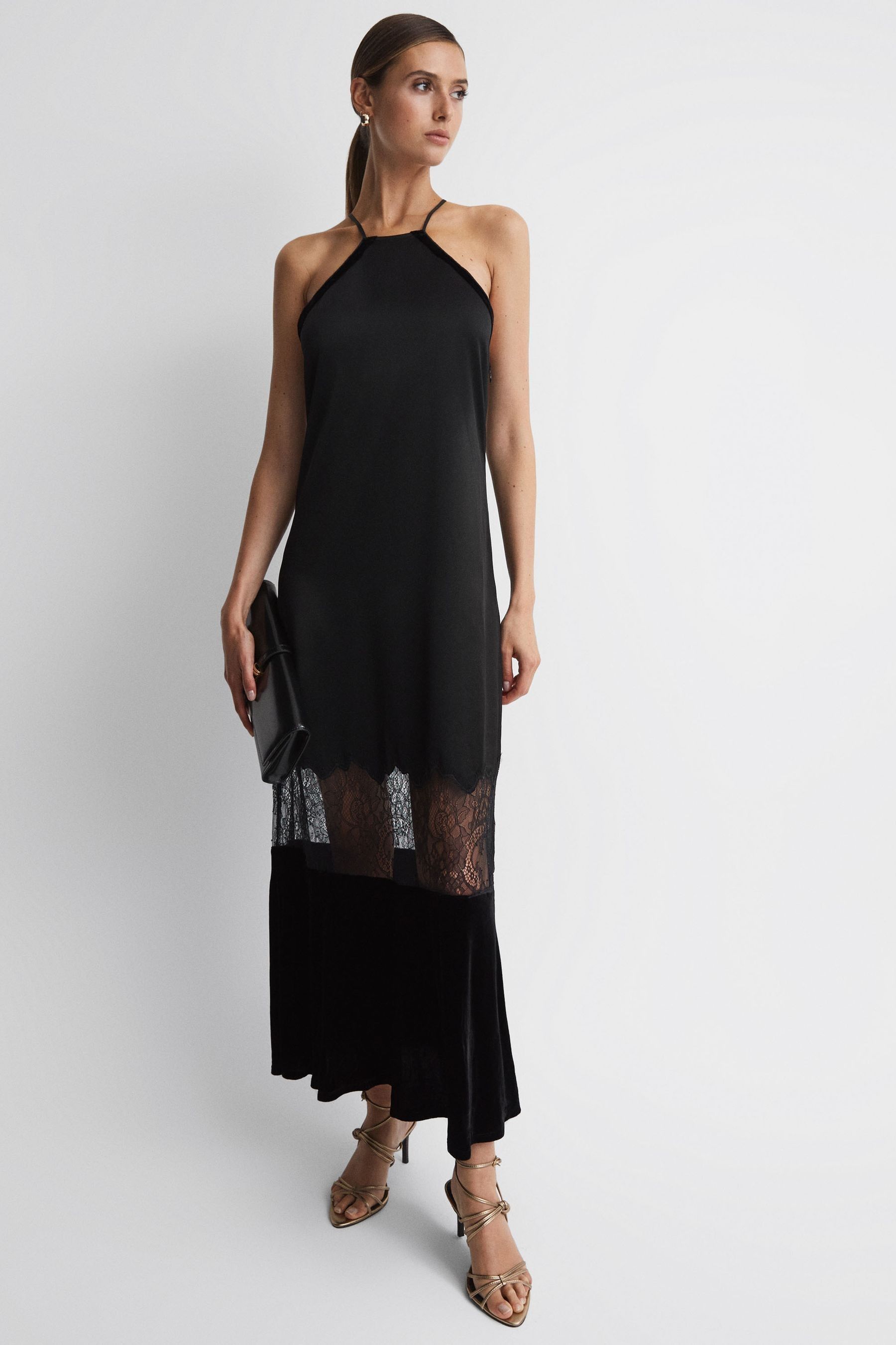 Reiss Janelle - Black Fitted Silk-velvet Midi Dress, Us 6