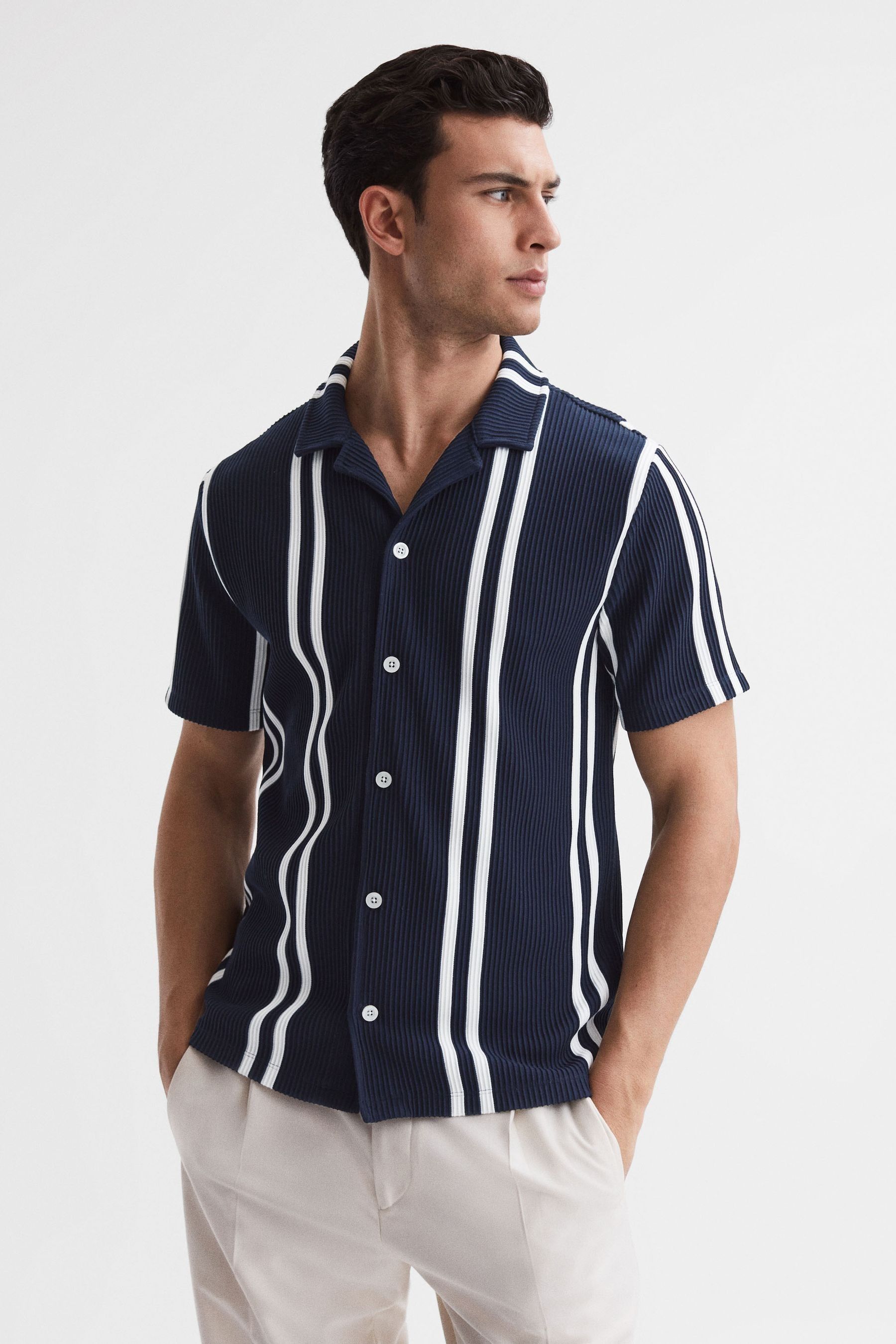 Castle - Navy/White Ribbed Striped Cuban Collar Shirt