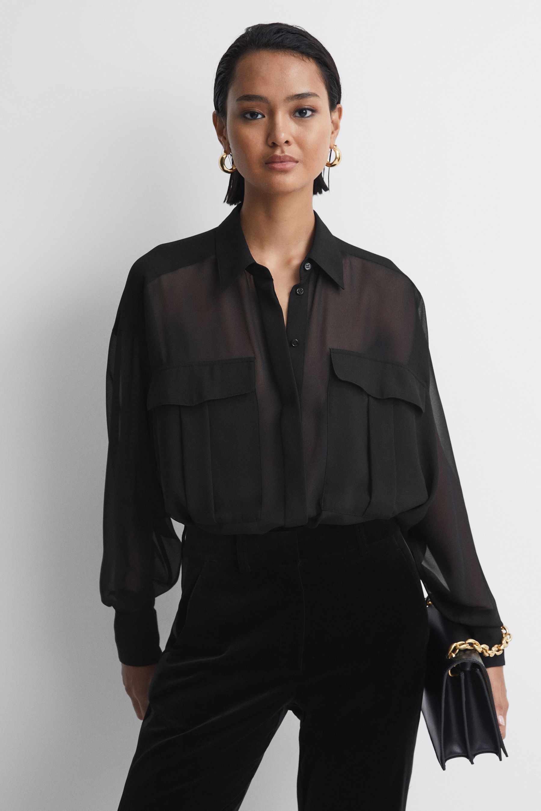 Reiss Adaline - Black Oversized Sheer Button-through Shirt, Us 6