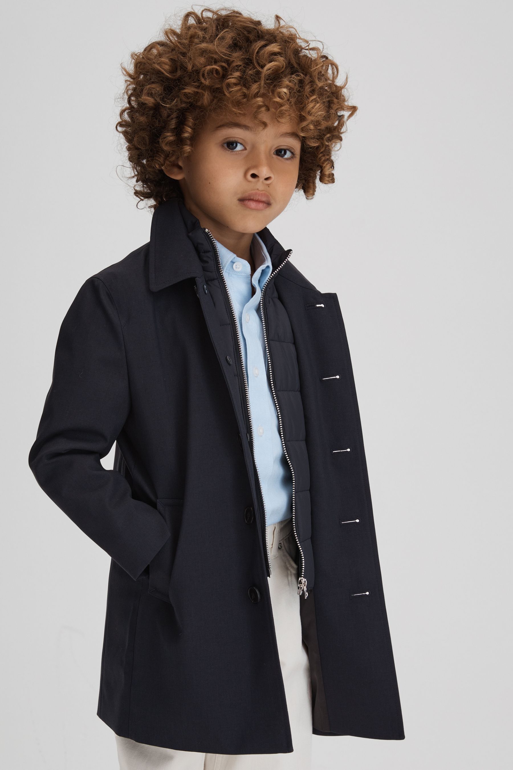 Reiss Kids' Perrin - Navy Junior Trench Coat With Funnel-neck Insert, Age 4-5 Years