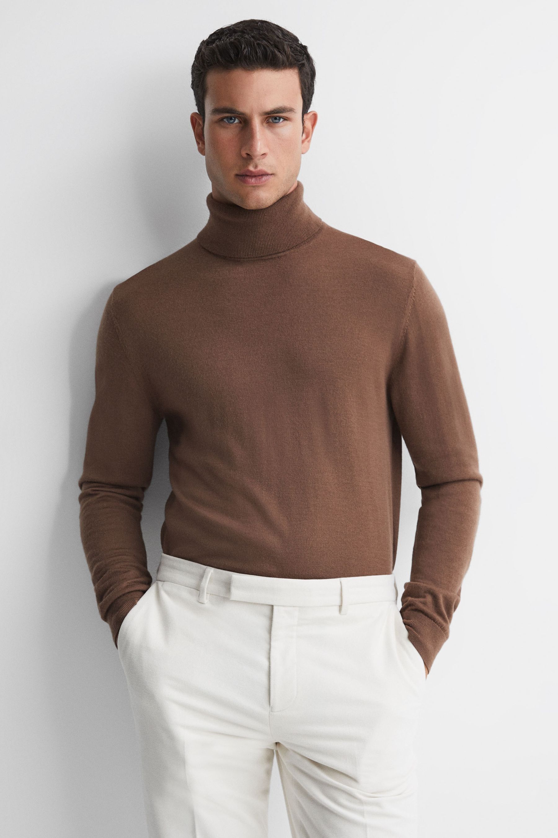 Reiss Caine - Brown Sugar Slim Fit Merino Wool Funnel Neck Jumper, M