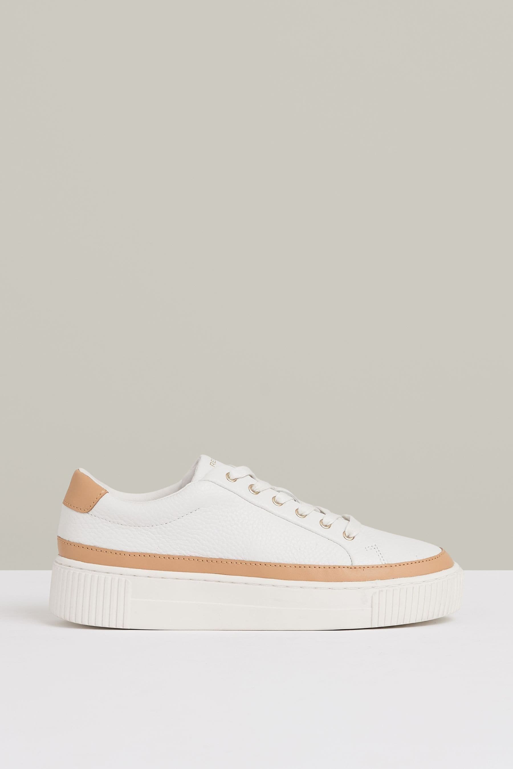Reiss Leanne Grained Platform Trainers - Brown Leather Plain, Size: 5, Camel & white