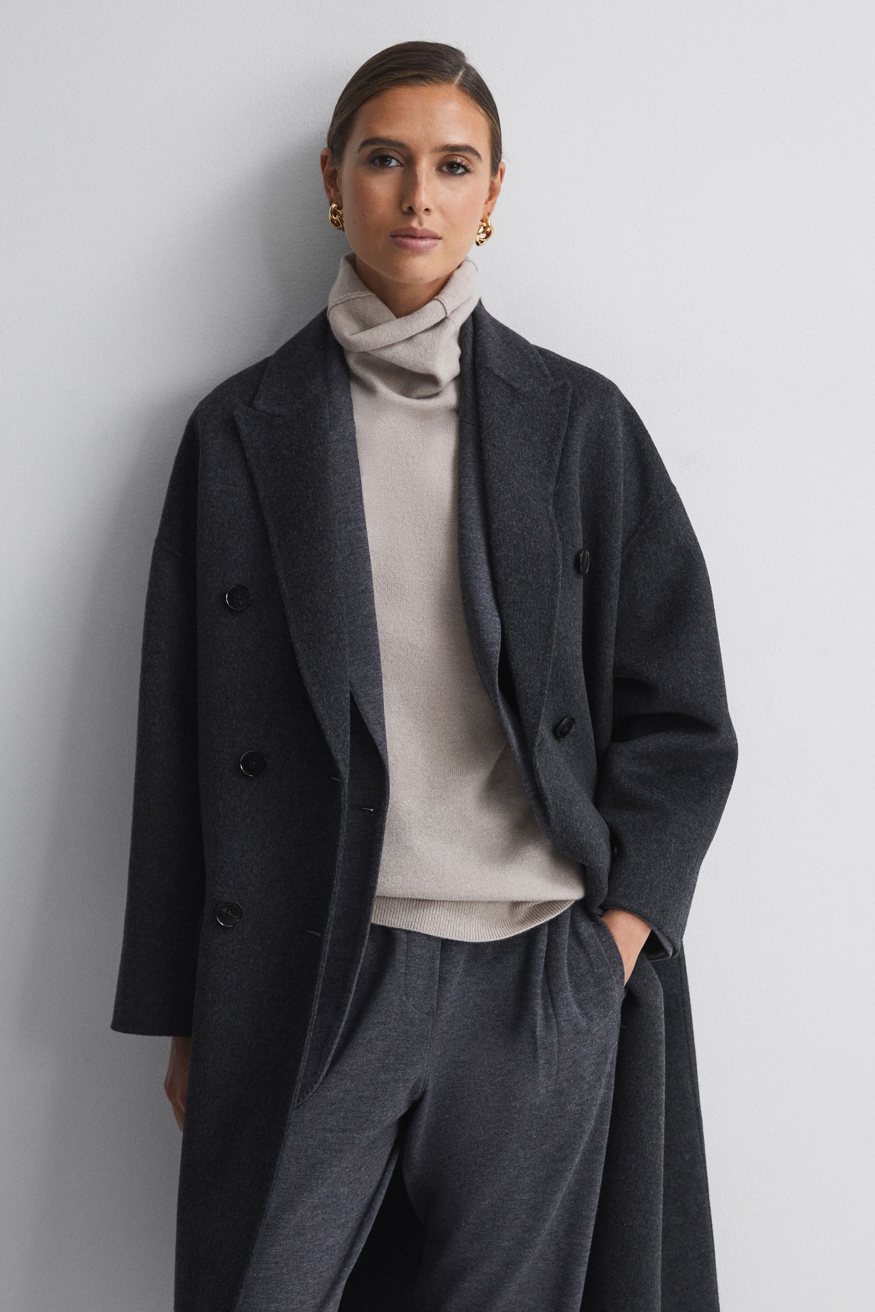 Reiss Layah - Charcoal Petite Relaxed Wool Blend Double Breasted Coat, Us 4