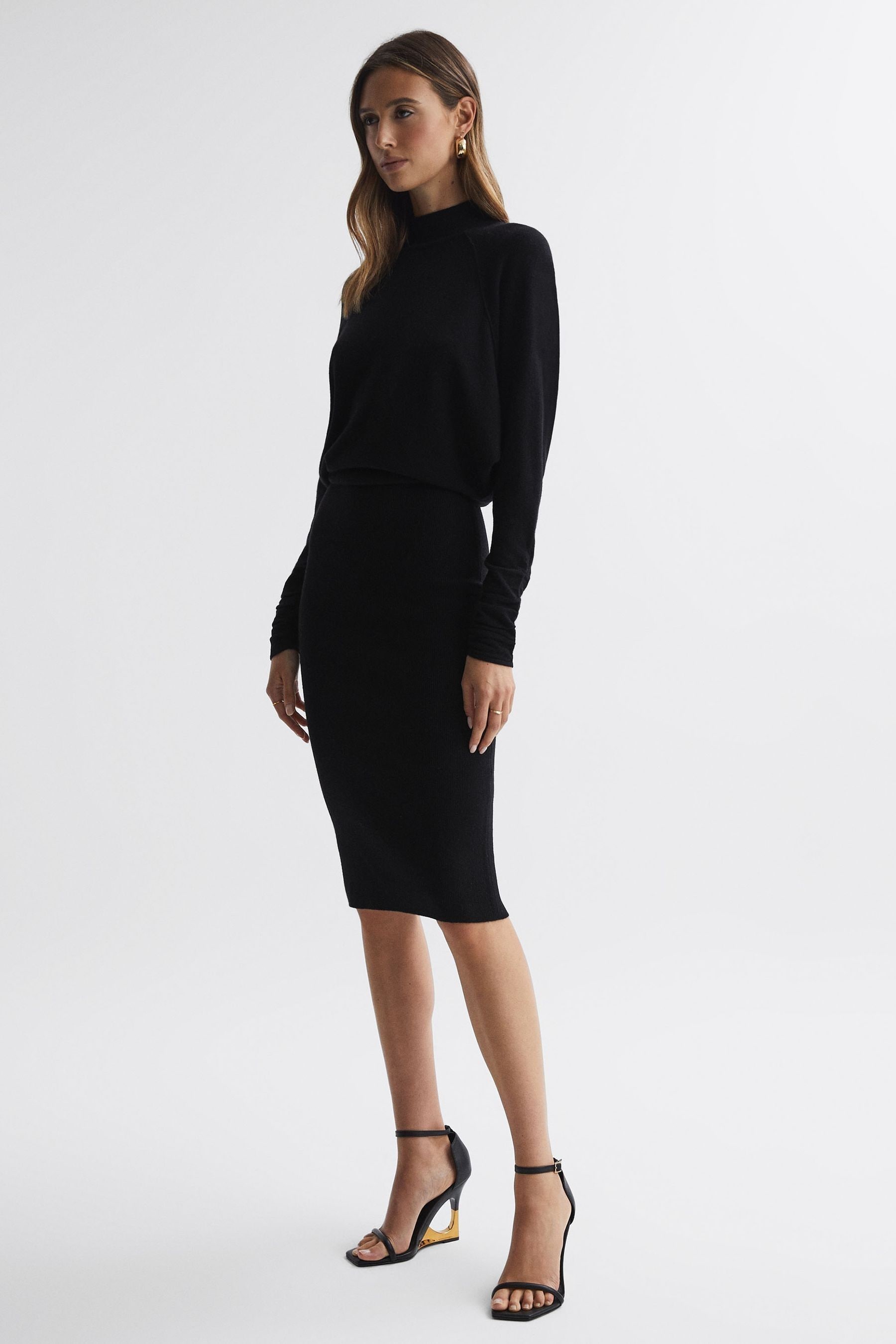 Shop Reiss Freya - Black Petite Wool Blend Ruched Sleeve Midi Dress, M