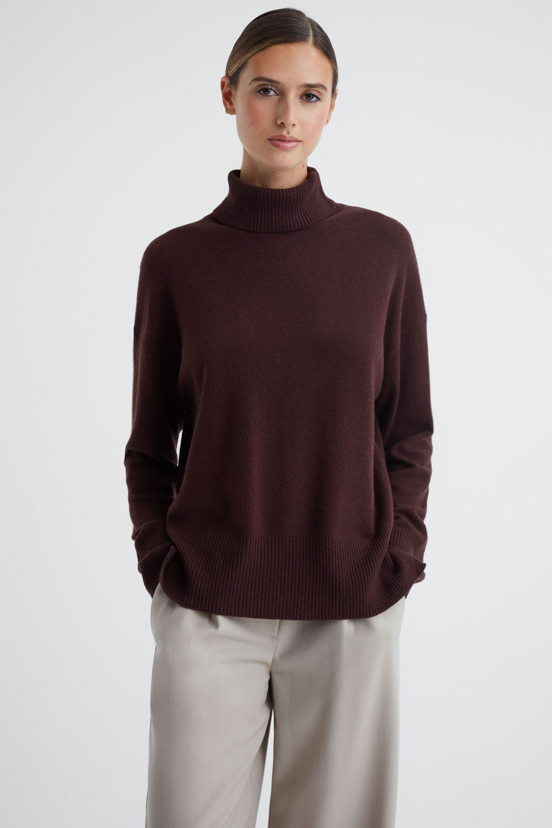 REISS ALEXIS - BERRY CASHMERE WOOL FUNNEL NECK JUMPER, XS