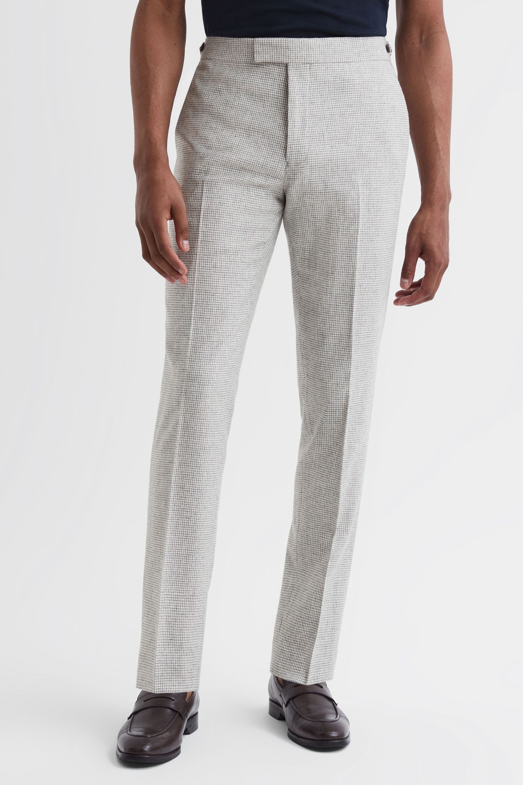 Reiss Soft Grey Wool Blend Puppytooth Slim Fit Trousers, 28