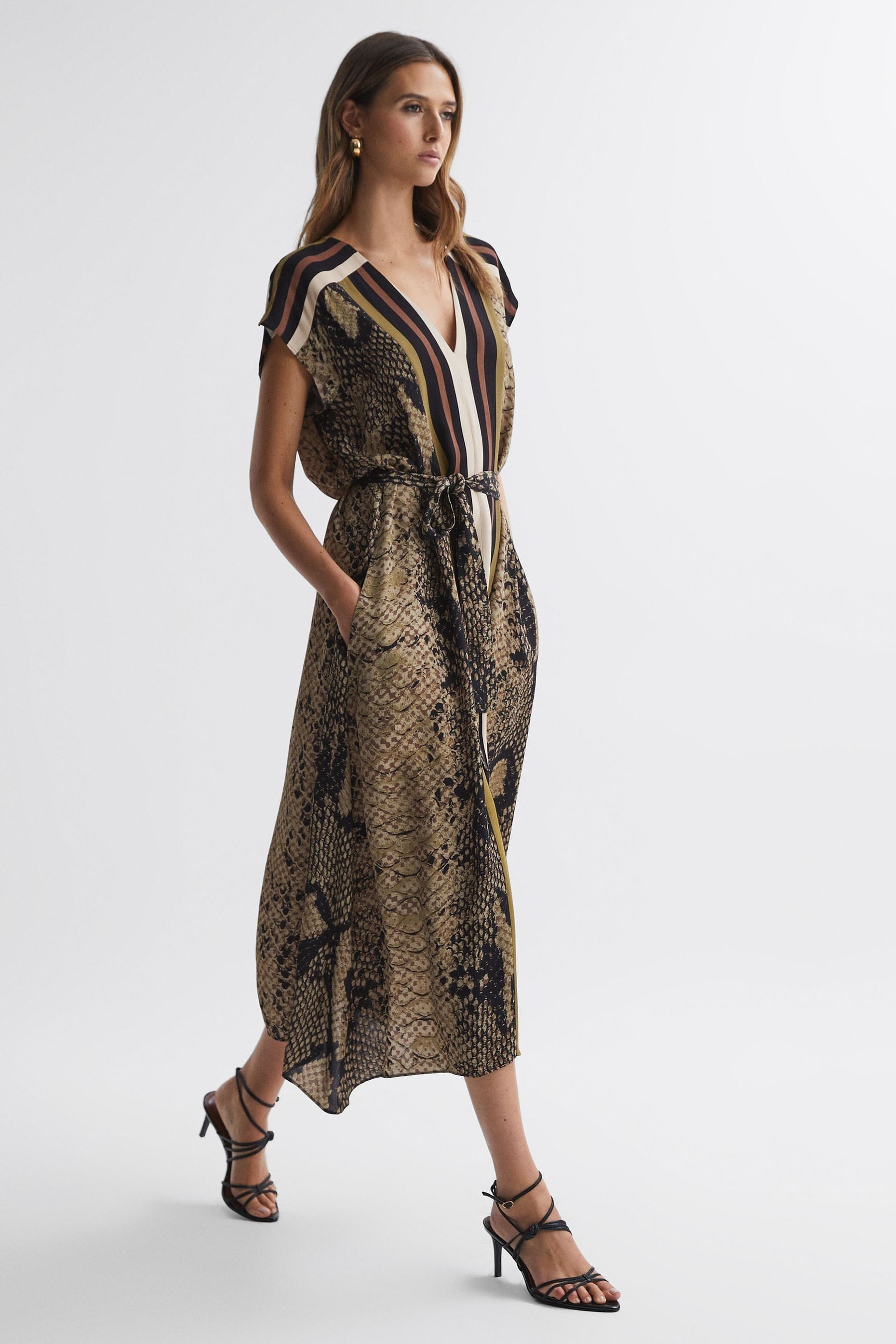 Reiss Bea - Brown Snake Print Midi Dress, Us 2