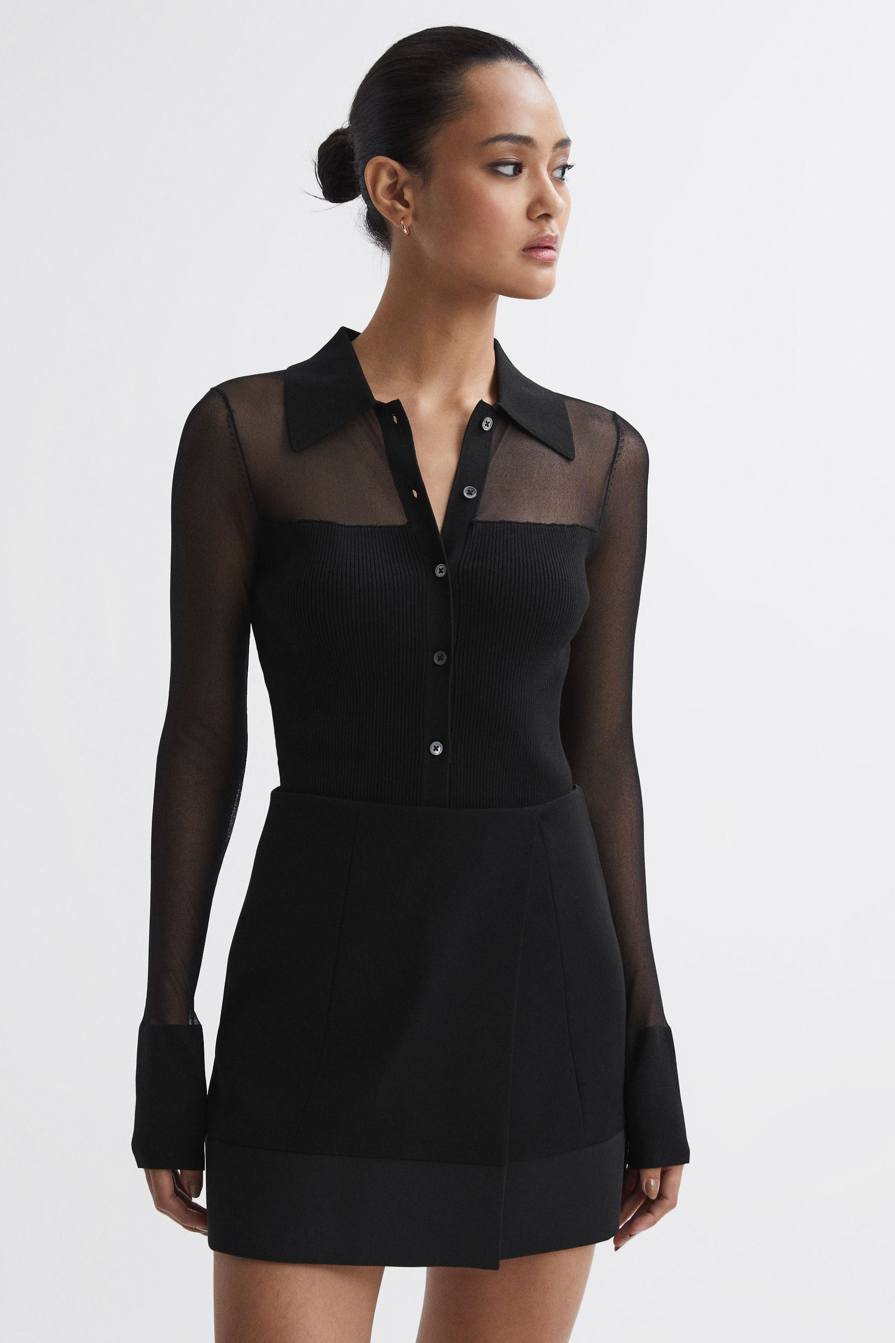 Reiss Nelly - Black Sheer Knitted Button-through Top, M
