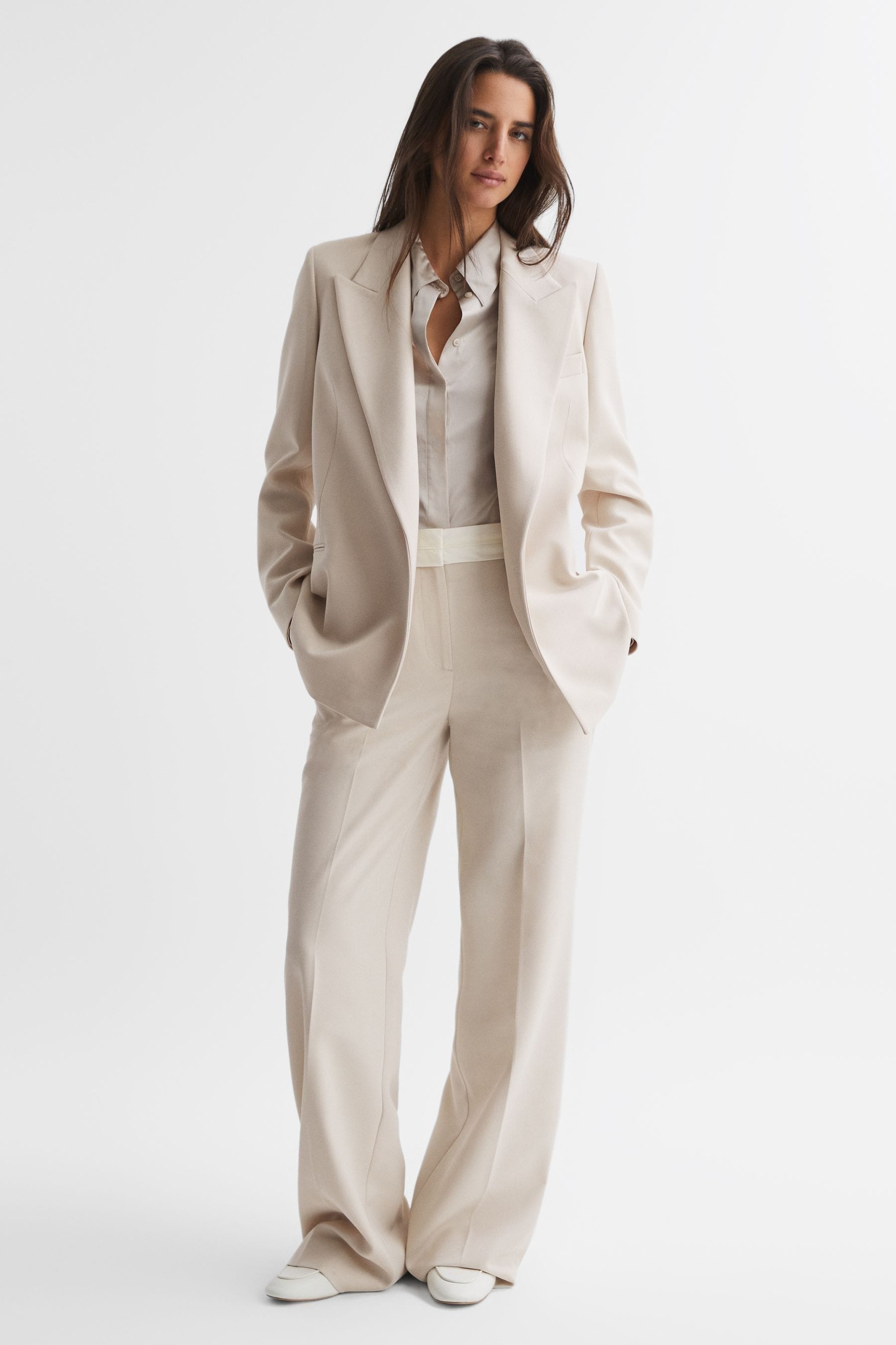REISS MAYA - NEUTRAL PETITE TAILORED FIT SINGLE BREASTED SUIT BLAZER, US 8