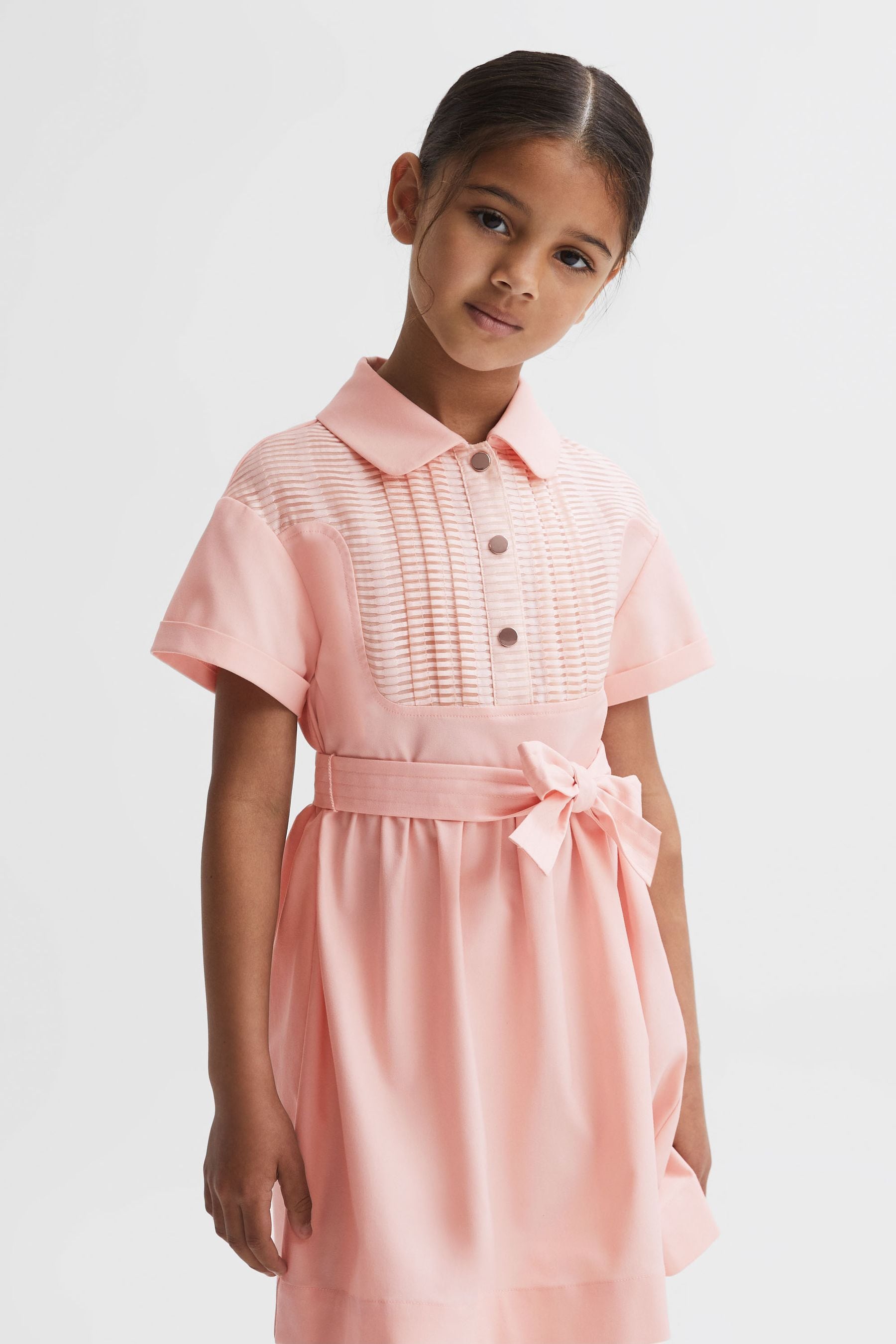 Reiss Wren - Pink Junior Collared Belted Short Sleeve Dress, Age 6-7 Years