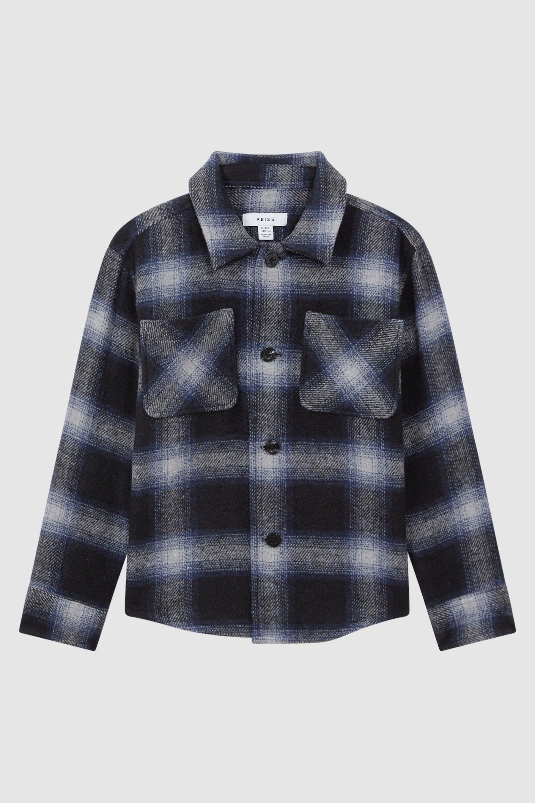 Reiss Kids' Idaho - Blue Multi Wool Blend Check Overshirt, Age 4-5 Years