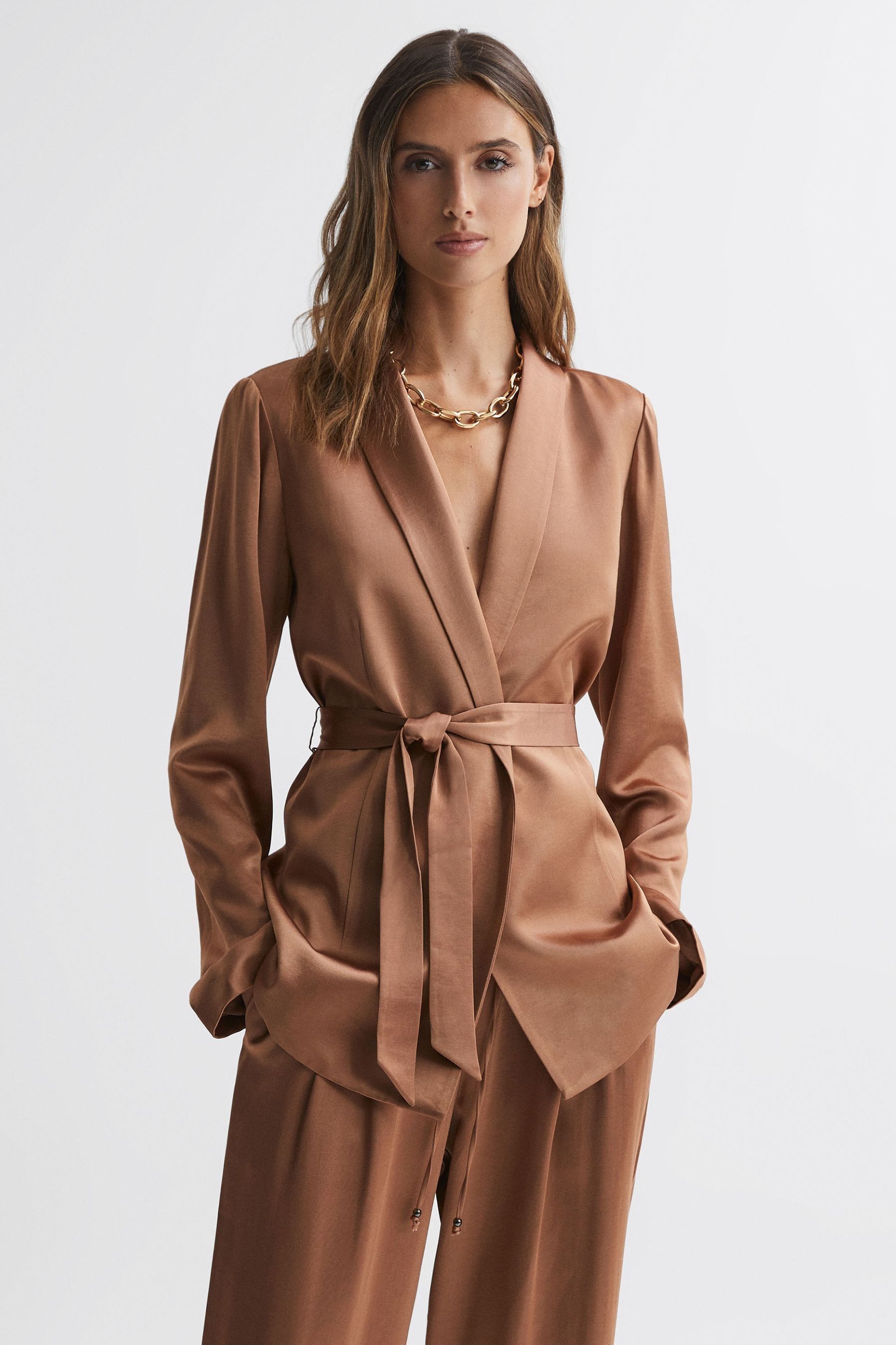 Reiss Paige Belted Single Breasted Blazer In Camel