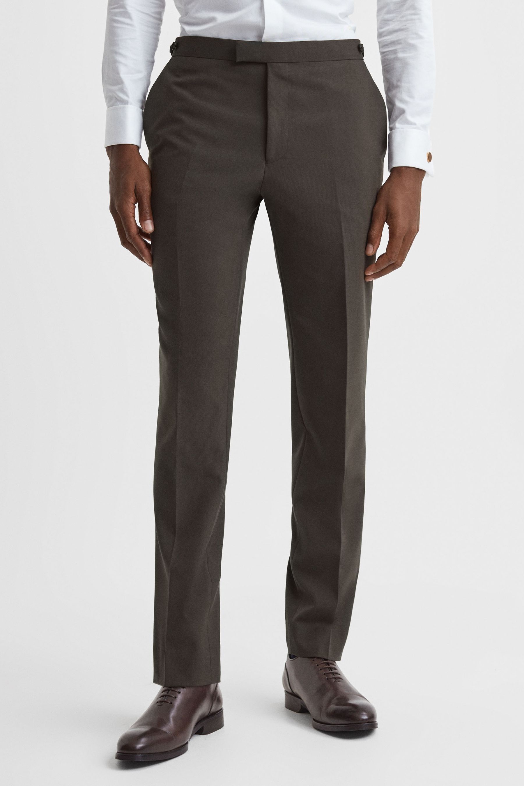 Reiss Chocolate Slim Fit Wool Blend Side Adjuster Trousers, 38