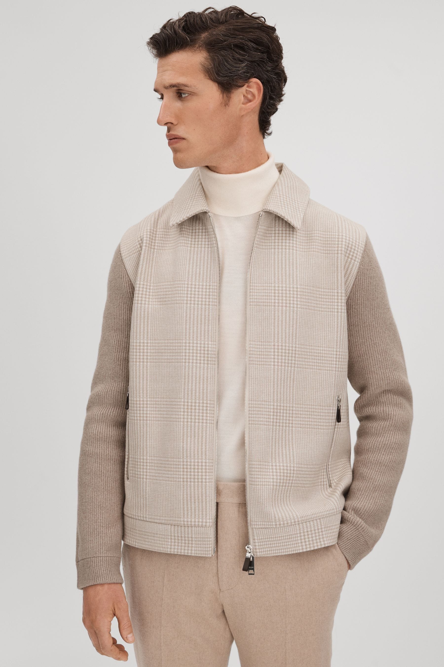 Reiss Max - Oatmeal Hybrid Knit Zip-through Jacket, L