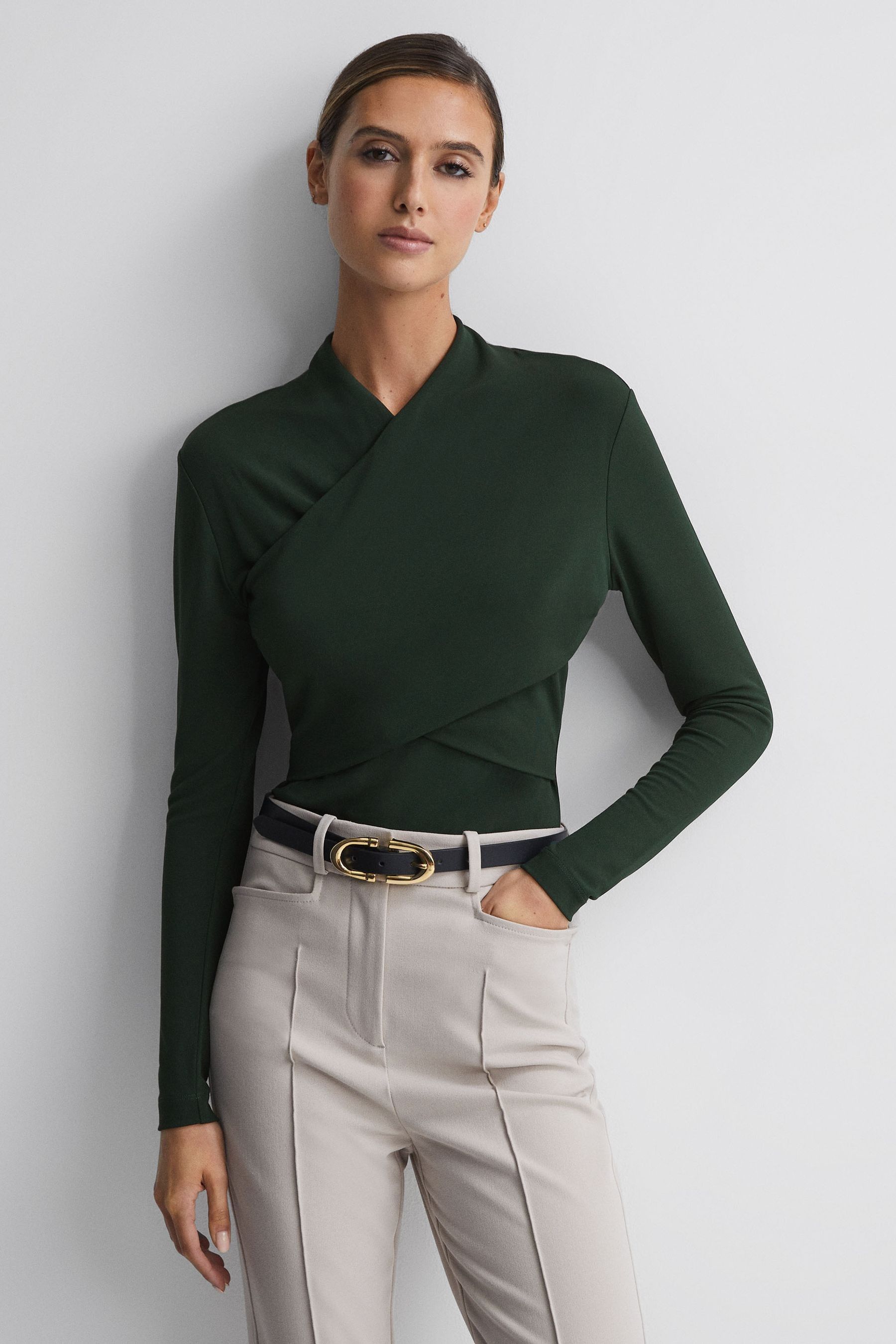Reiss Ellie - Green Fitted Long Sleeve Wrap Top, M