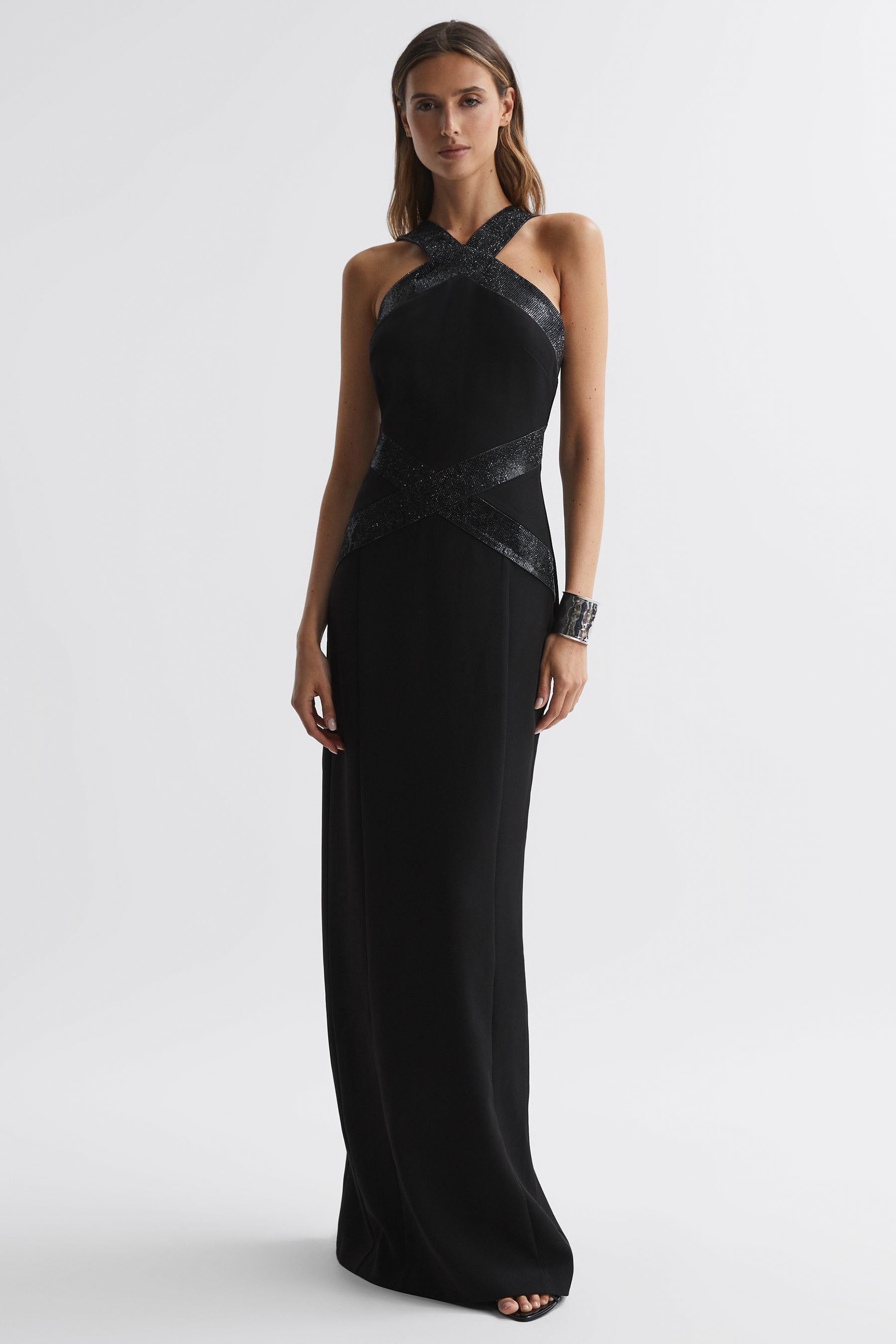 Halston Halter Neck Embellished Maxi Black Dress