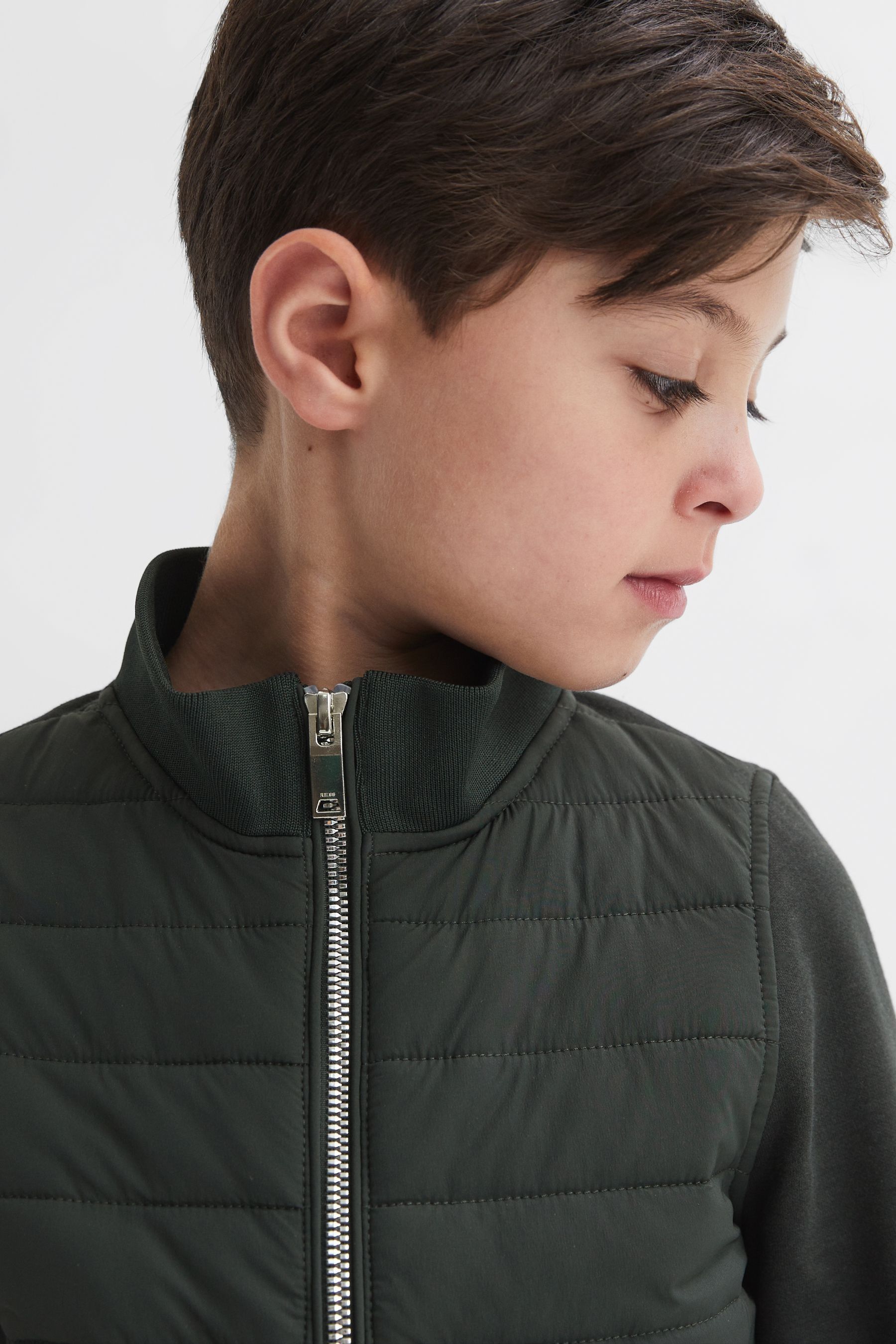 Shop Reiss Flintoff - Forest Green Junior Funnel Neck Quilted Hybrid Jacket, Age 5-6 Years