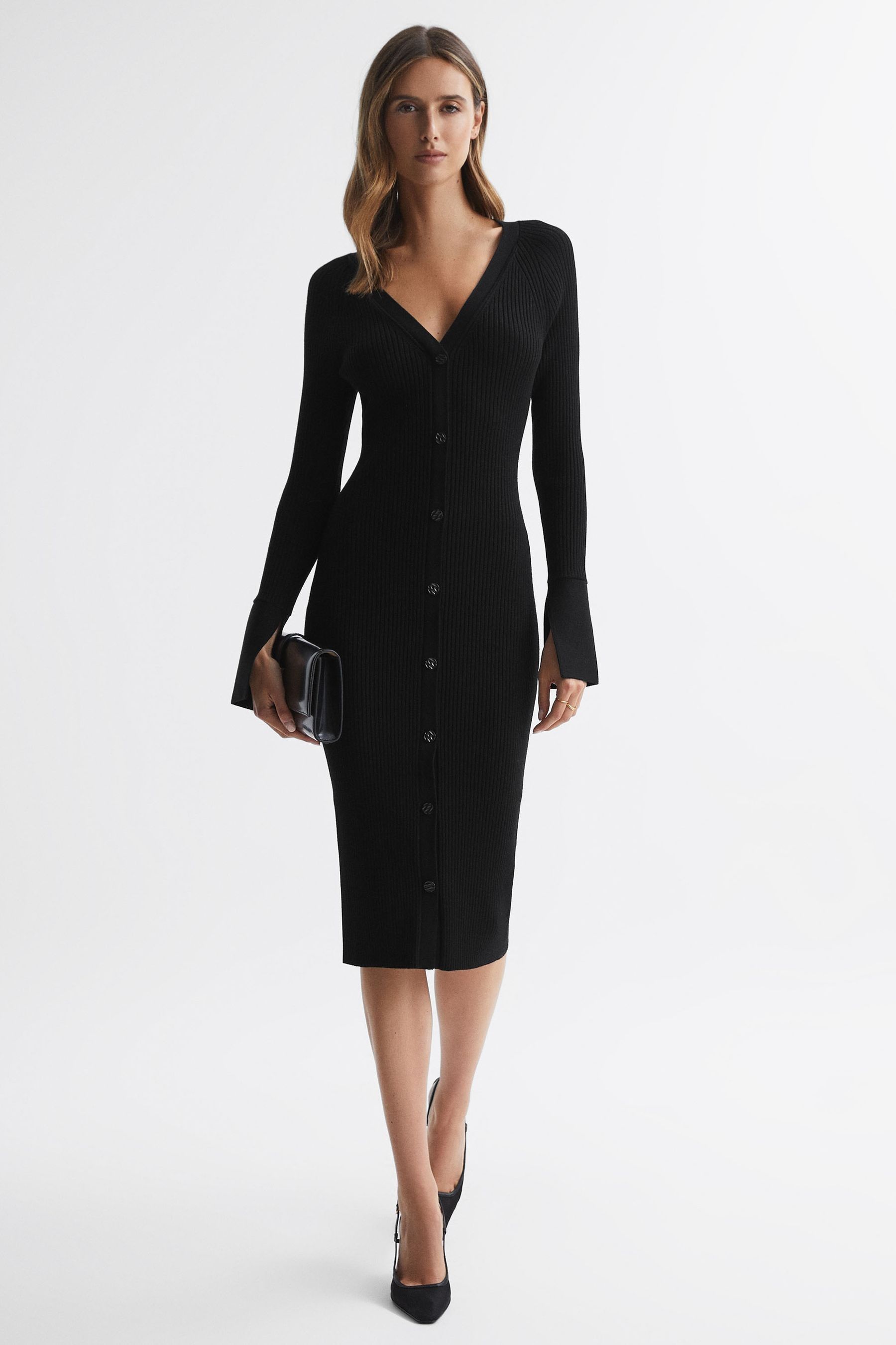 REISS AVERY - BLACK RIBBED KNIT MIDI DRESS, L