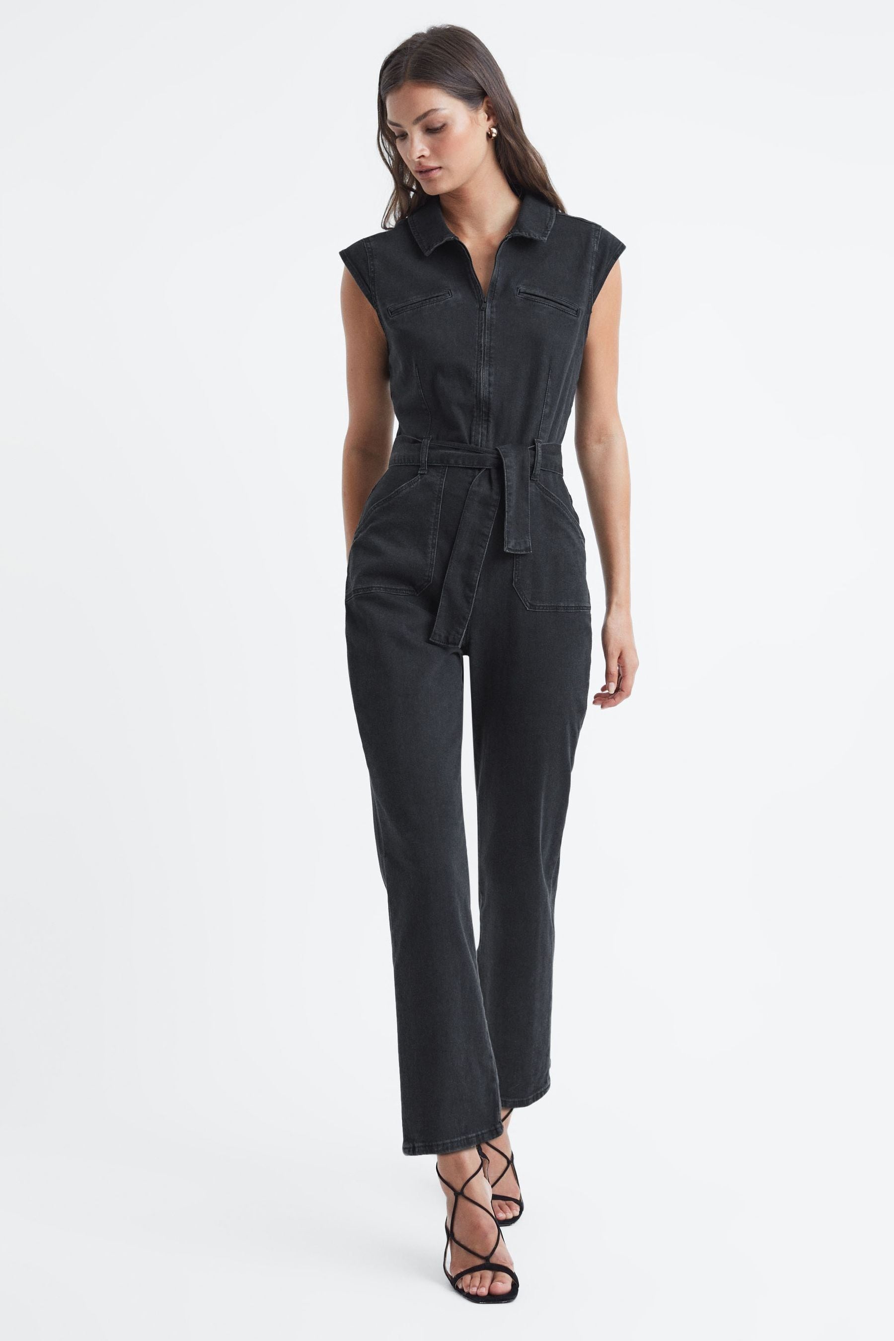 Paige Jett Belted Jumpsuit, Black Dove, Size: 18, Black/Camel