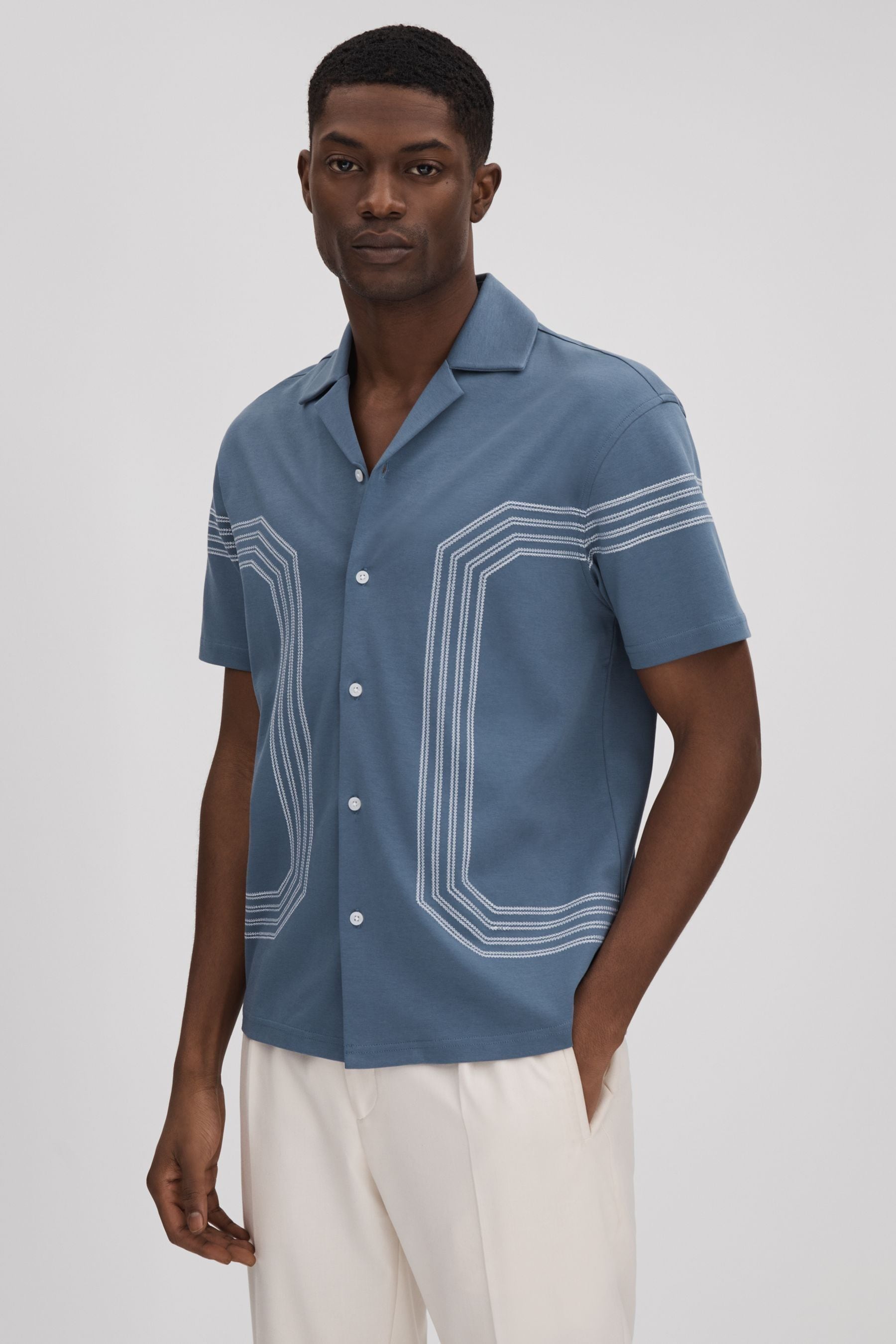 Shop Reiss Arlington - Airforce Blue Mercerised Cotton Embroidered Shirt, Xxl
