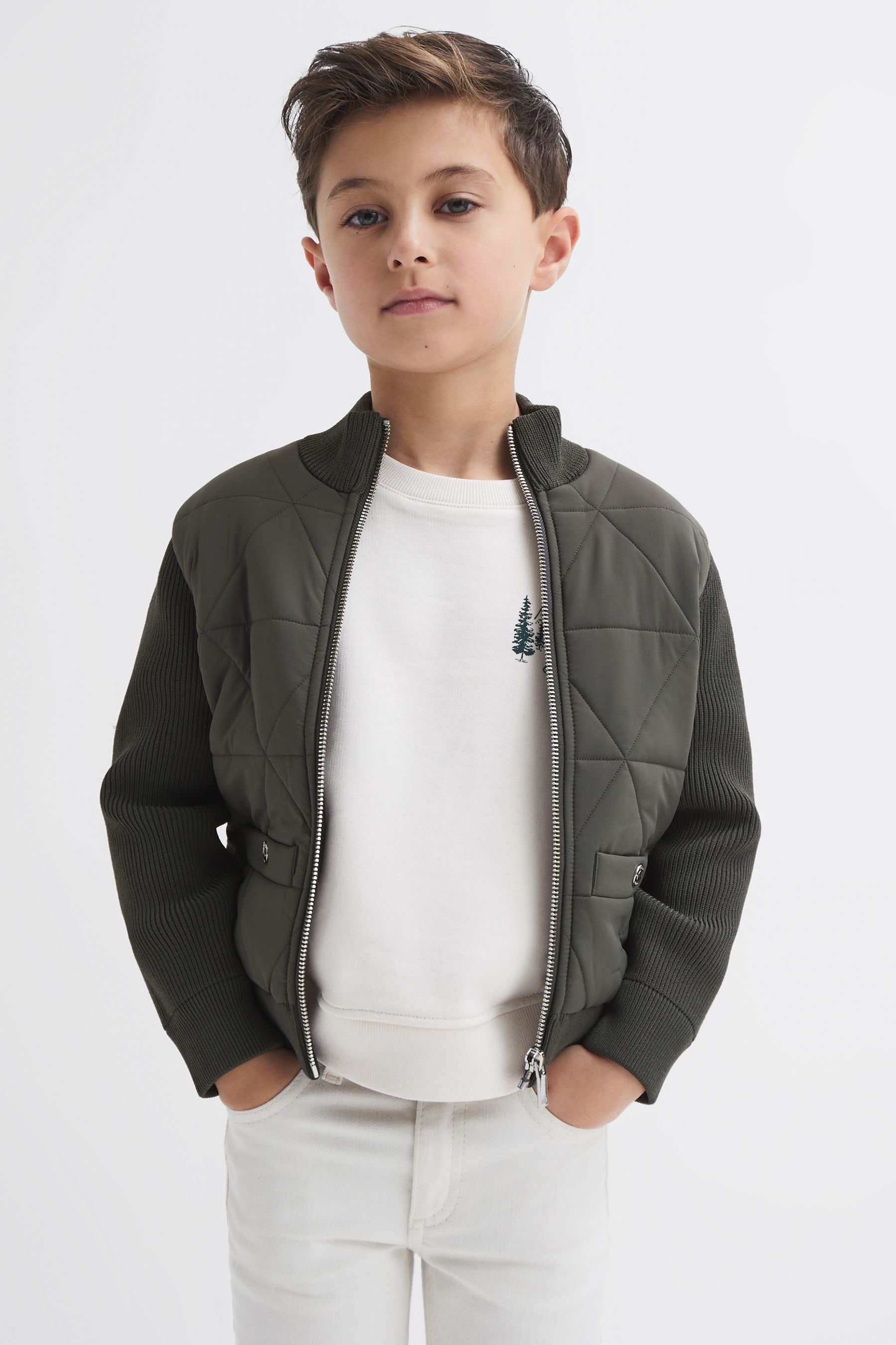 Reiss Amos - Forest Green Junior Hybrid Zip-through Quilted Jacket, Age 5-6 Years
