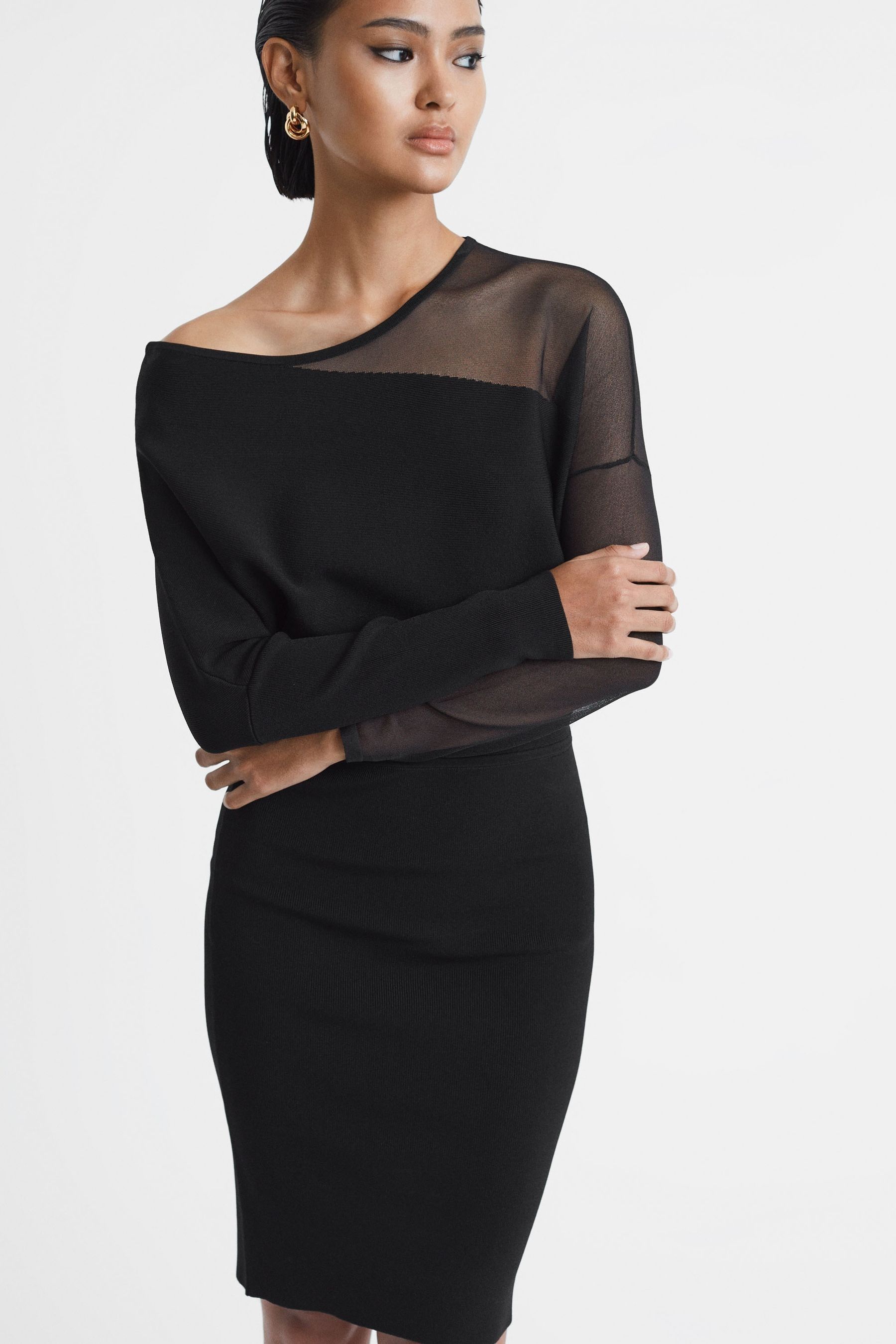 Shop Reiss Deanna - Black Bodycon Knitted Sheer Midi Dress, M