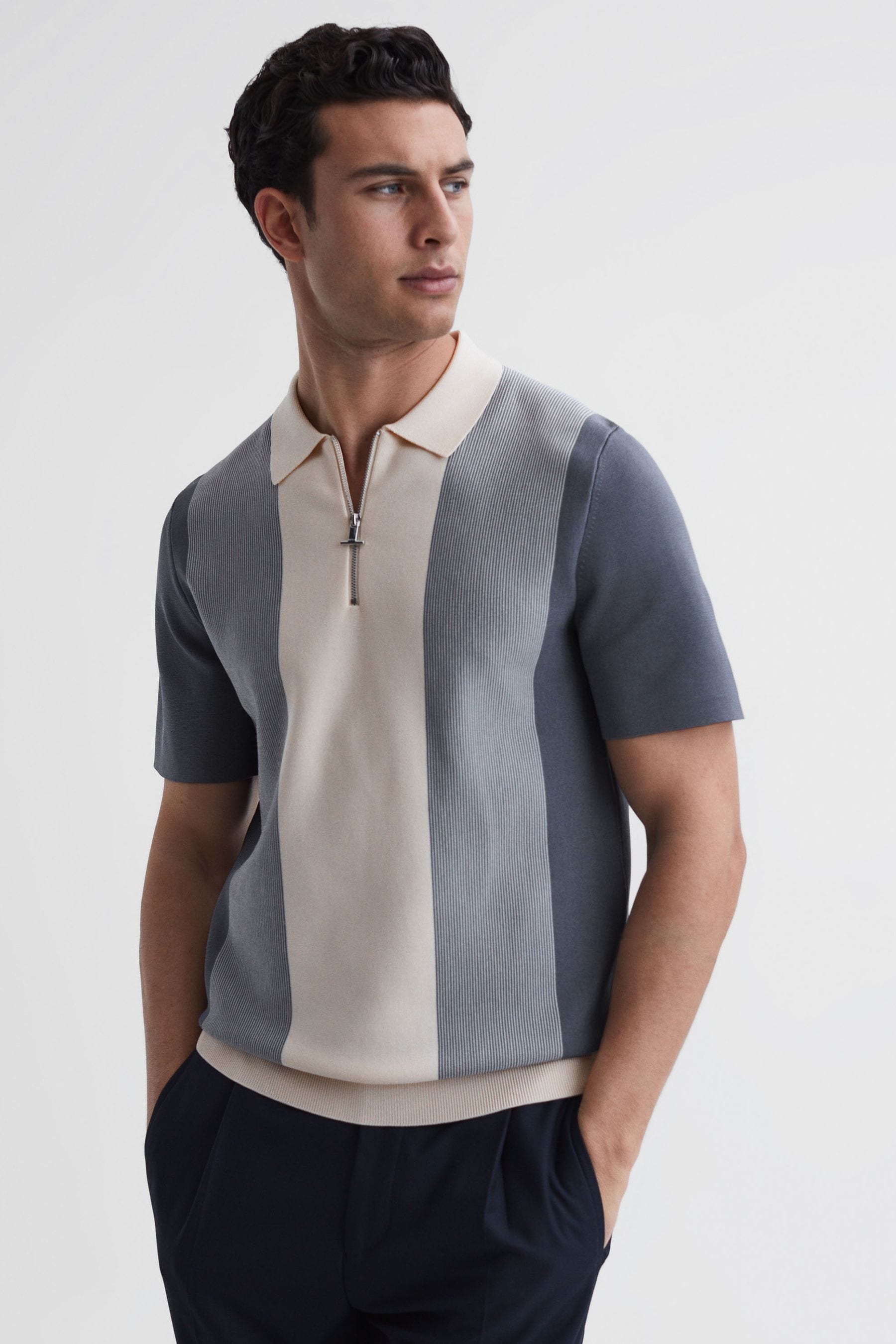 Milton - Airforce Blue/Ecru Half-Zip Striped Polo T-Shirt